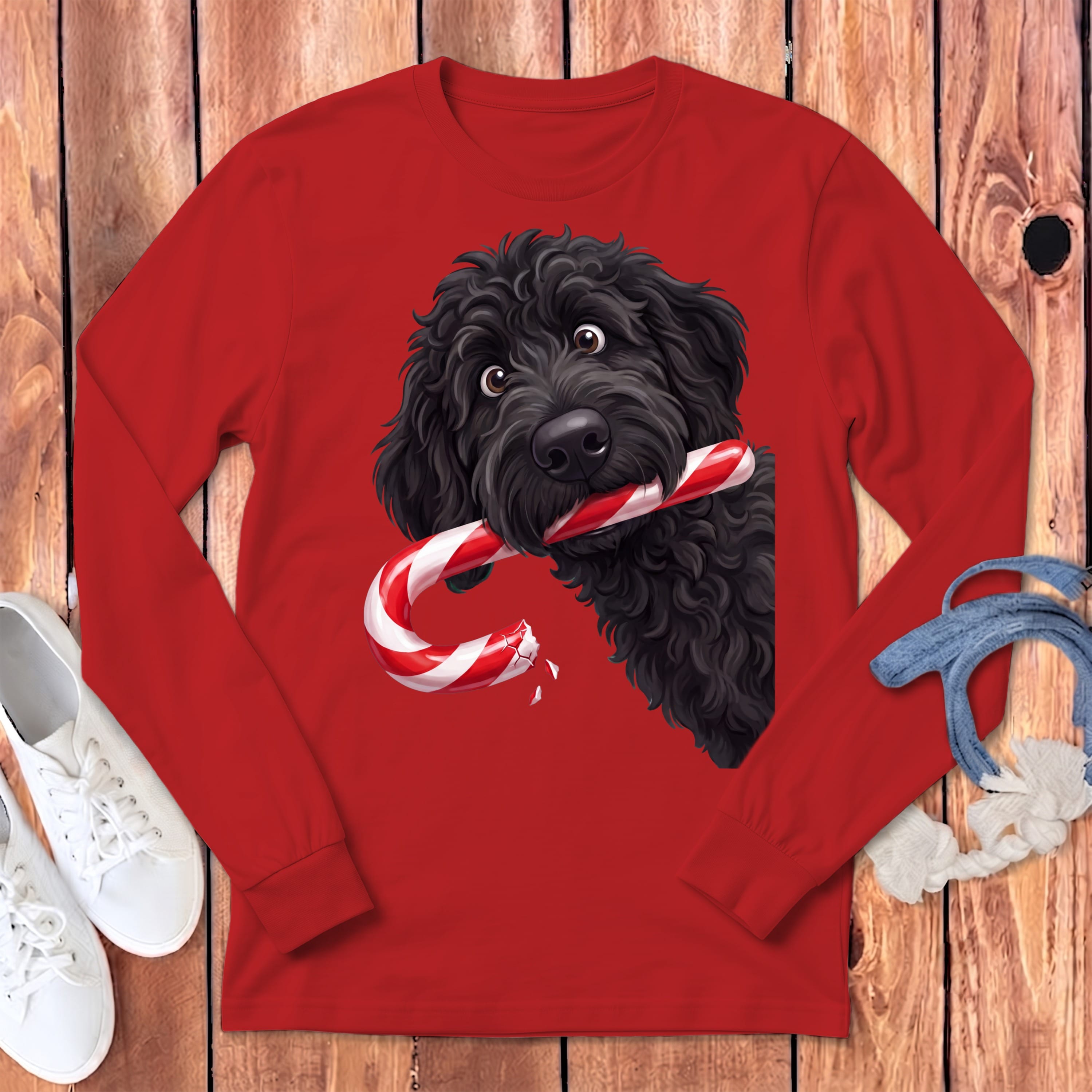 Black Goldendoodle Candy Cane Thief Long Sleeve T-Shirt in Red / S by Puppy Jo