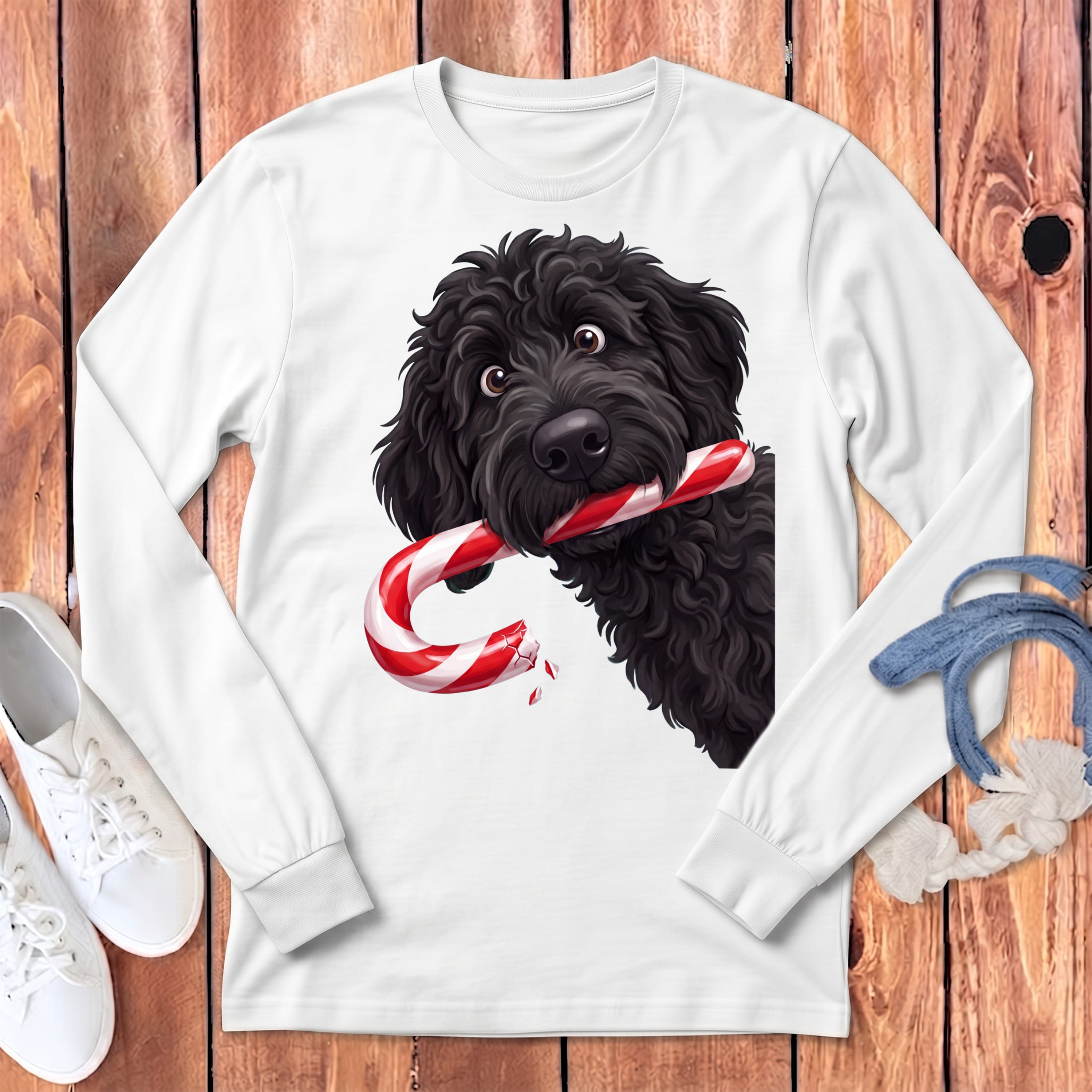 Black Goldendoodle Candy Cane Thief Long Sleeve T-Shirt in White / S by Puppy Jo