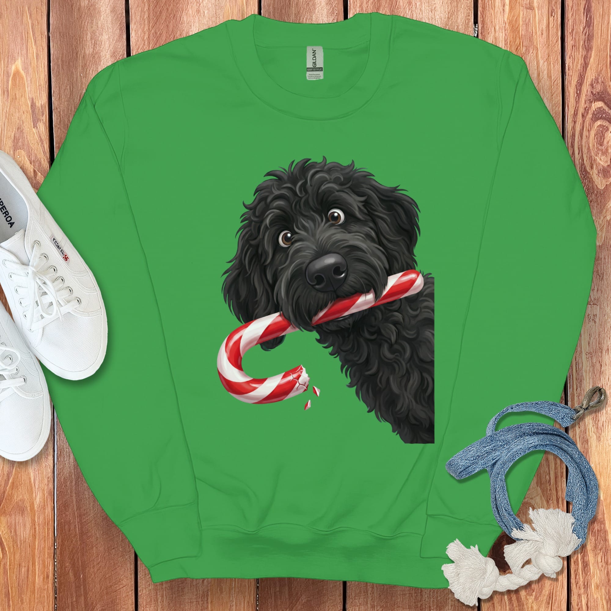 Black Goldendoodle Candy Cane Thief Sweatshirt in Irish Green / S by Puppy Jo