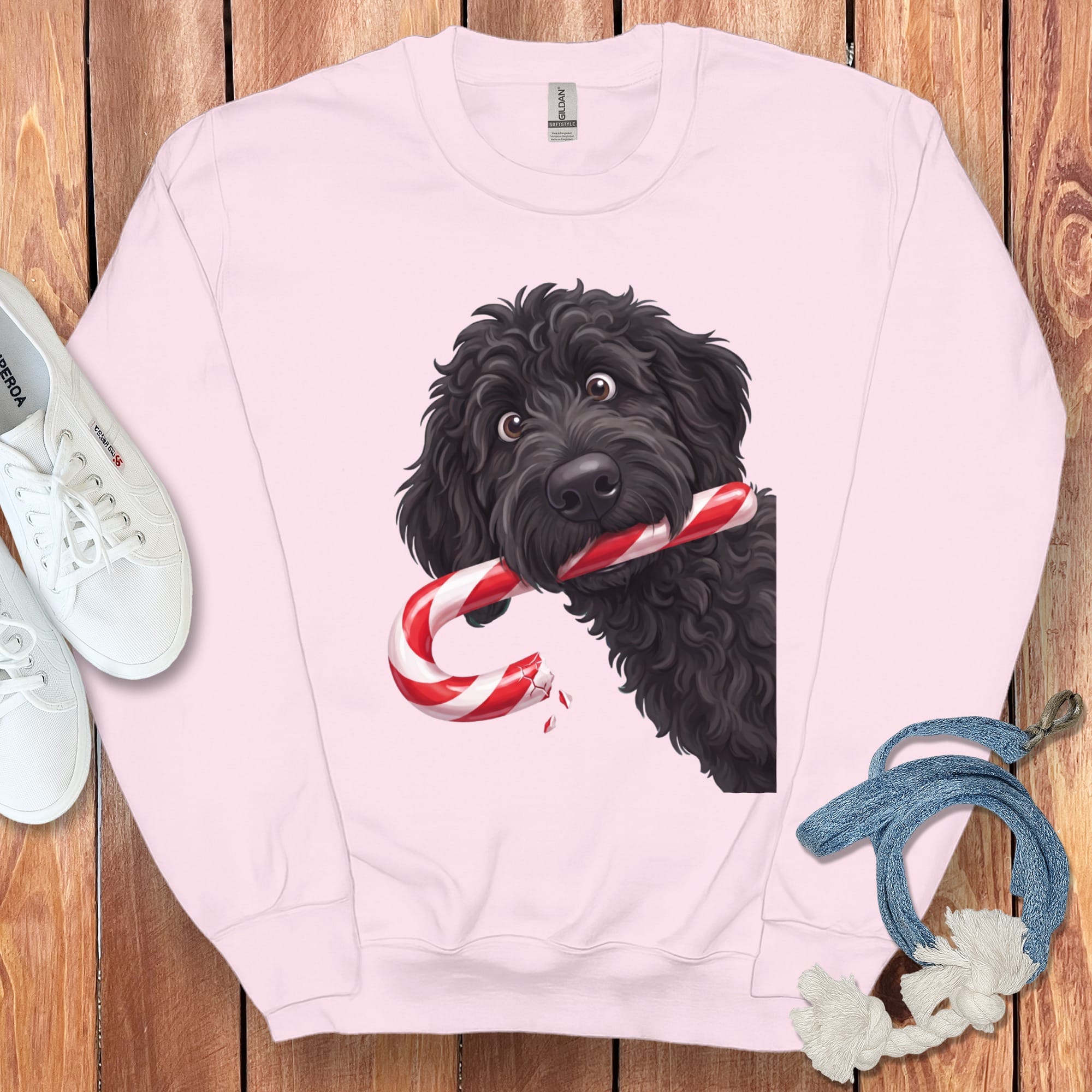Black Goldendoodle Candy Cane Thief Sweatshirt in Light Pink / S by Puppy Jo