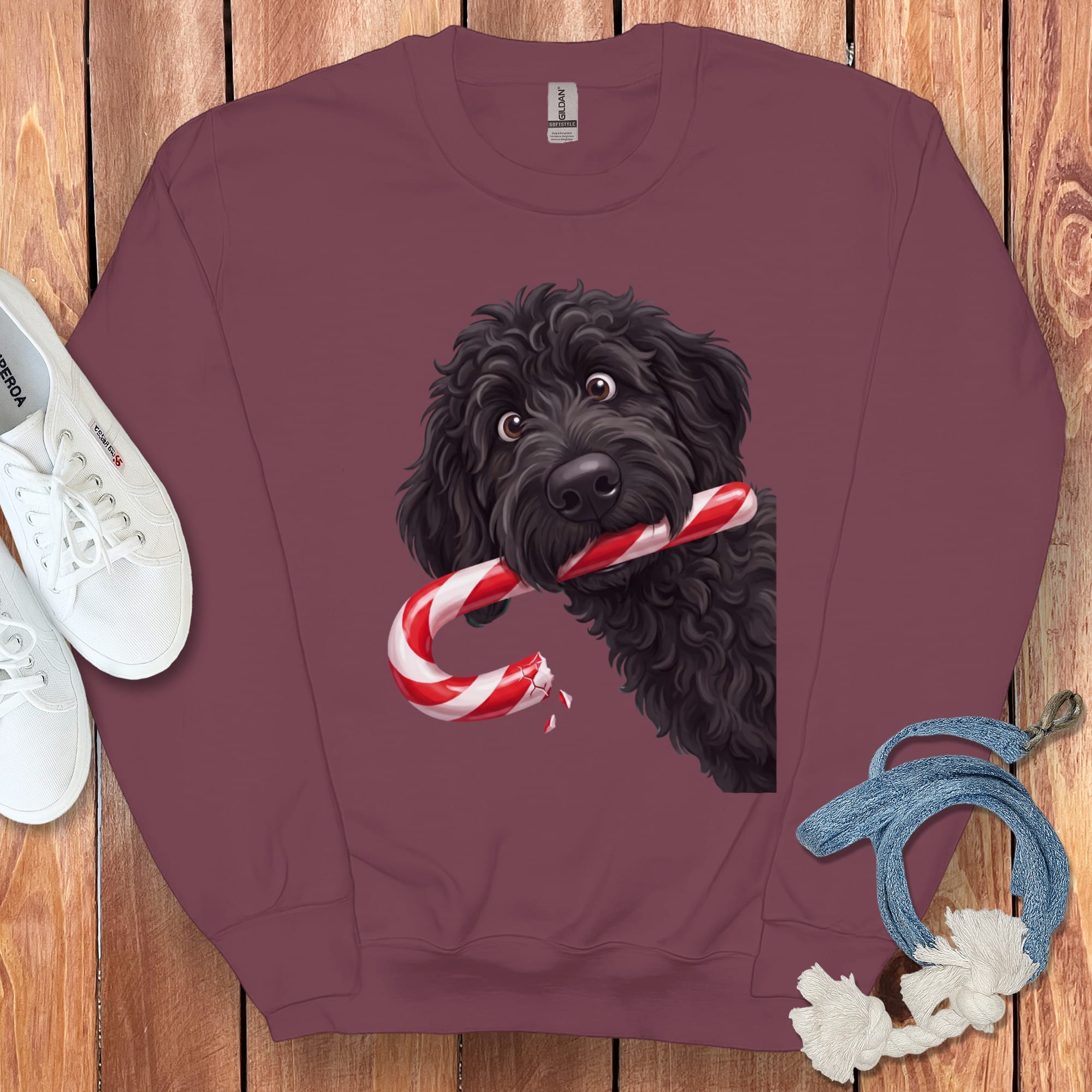 Black Goldendoodle Candy Cane Thief Sweatshirt in Maroon / S by Puppy Jo