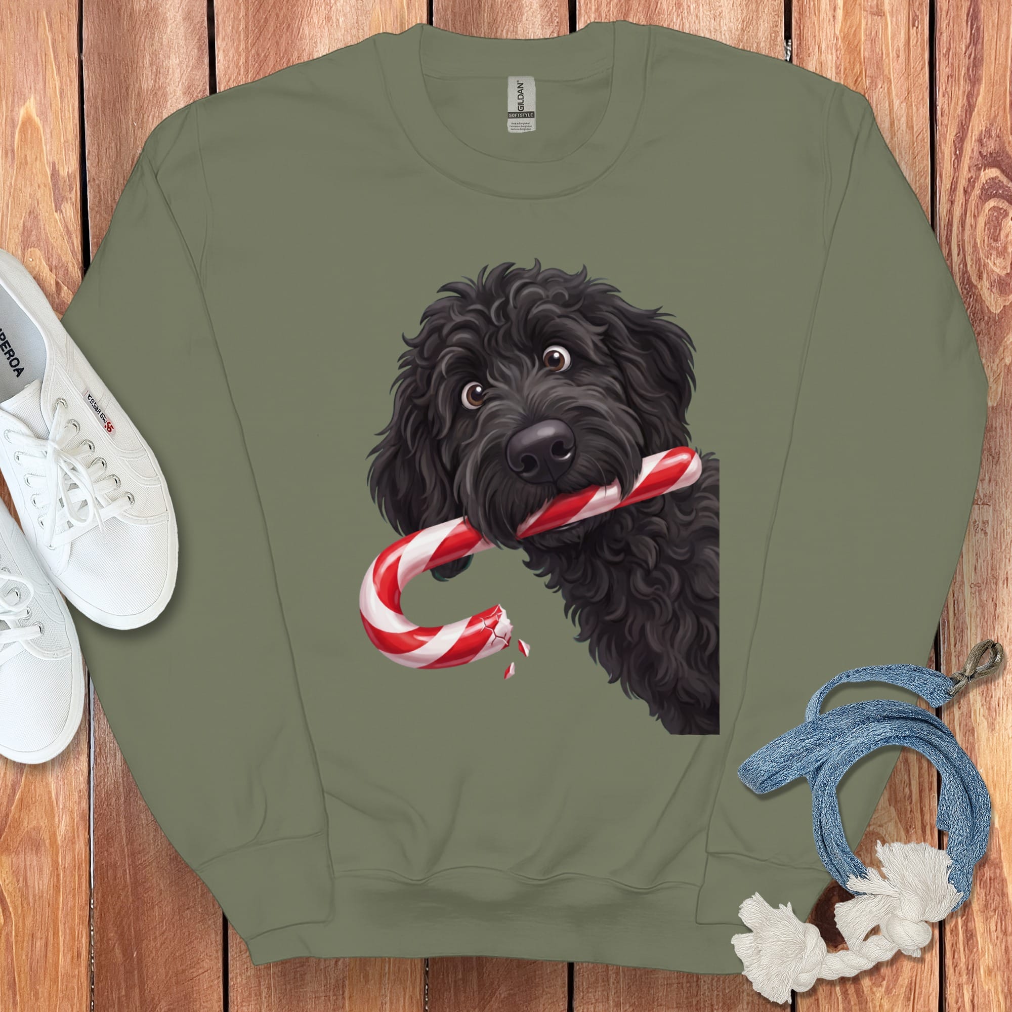 Black Goldendoodle Candy Cane Thief Sweatshirt in Military Green / S by Puppy Jo