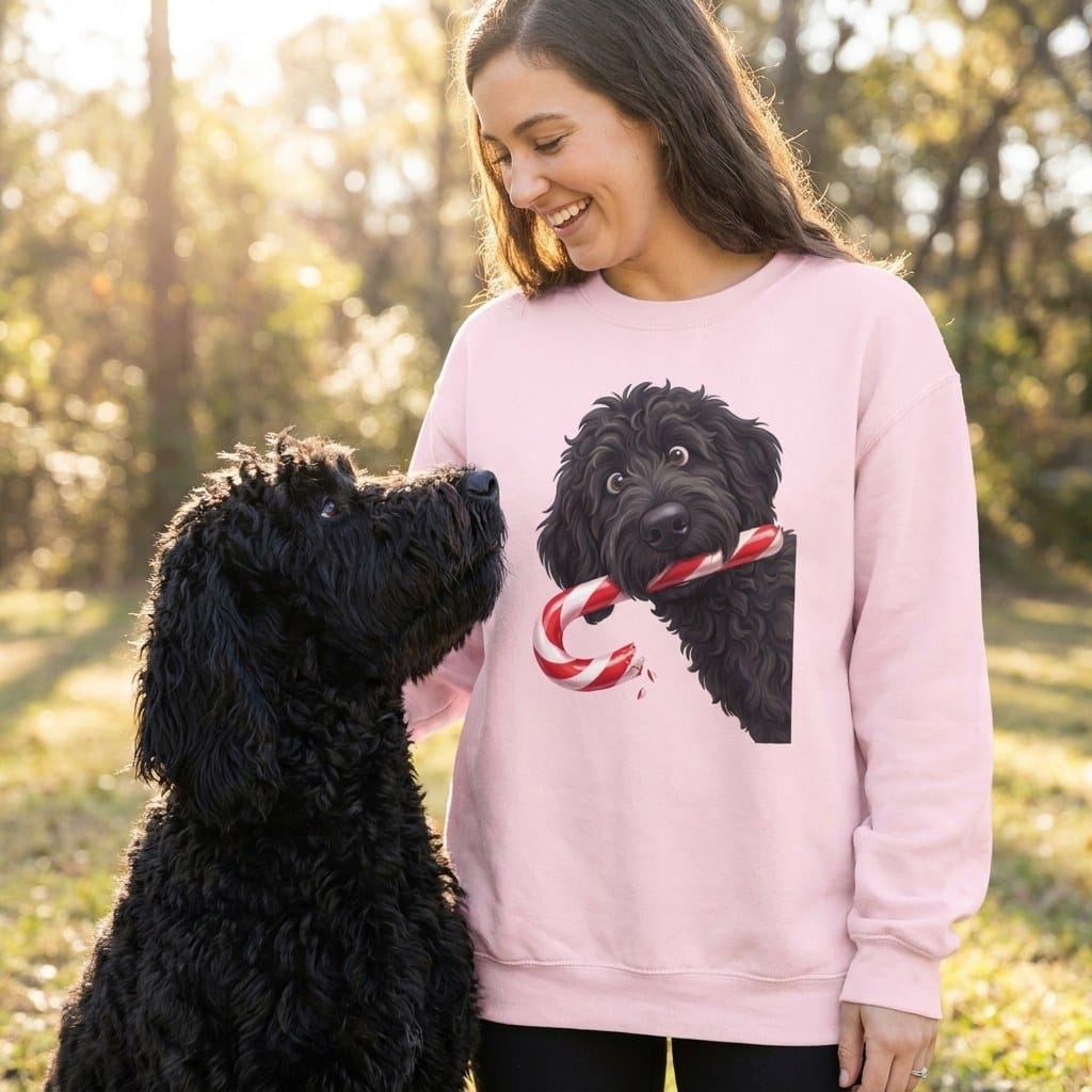 Black Goldendoodle Candy Cane Thief Sweatshirt in by Puppy Jo