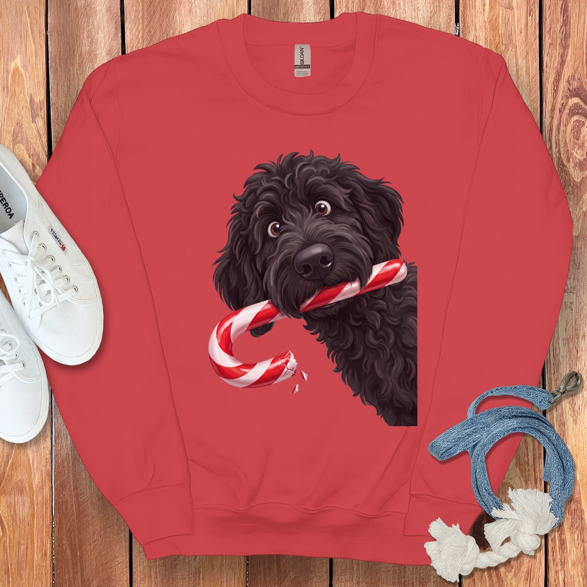 Black Goldendoodle Candy Cane Thief Sweatshirt in Red / S by Puppy Jo
