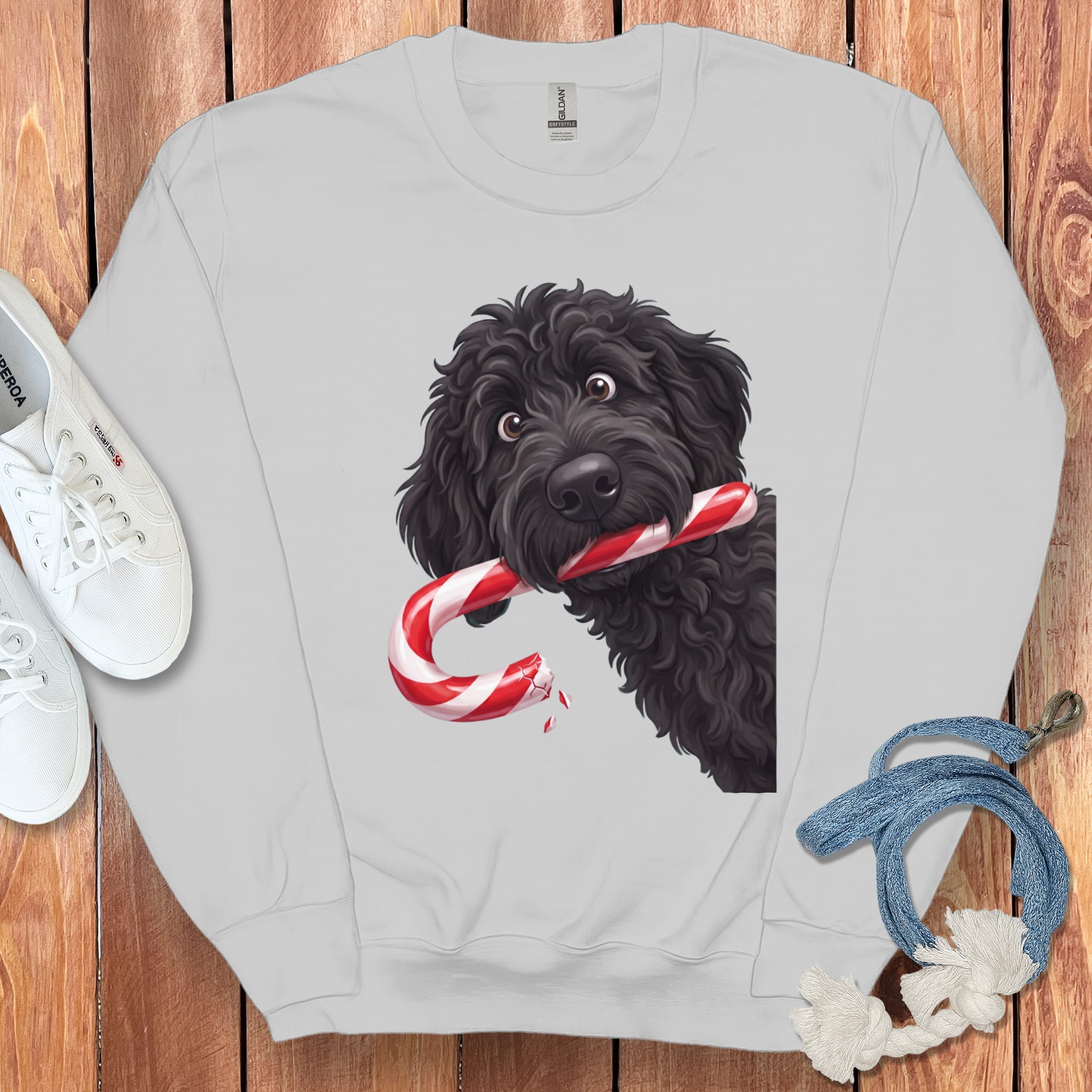 Black Goldendoodle Candy Cane Thief Sweatshirt in Sport Grey / S by Puppy Jo