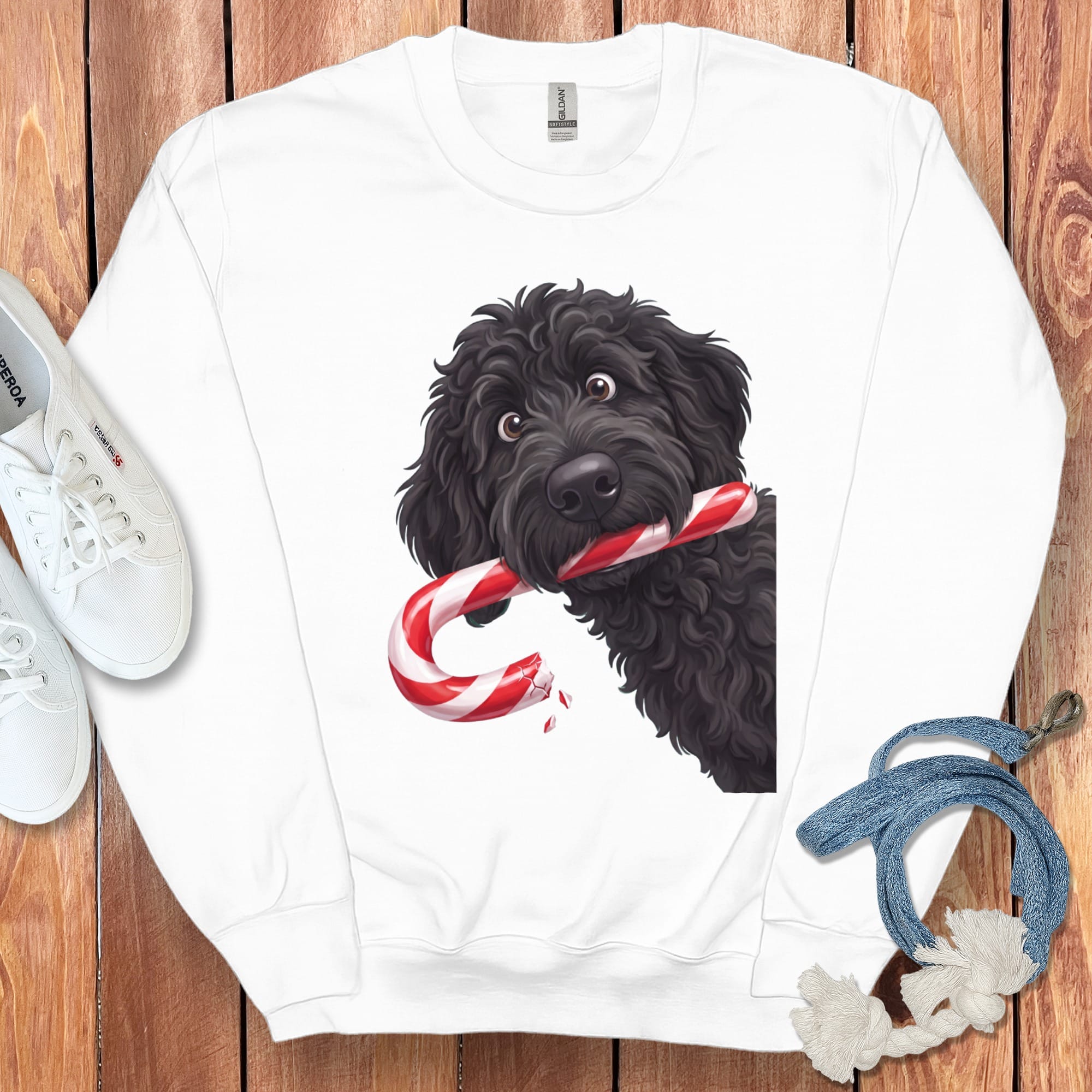 Black Goldendoodle Candy Cane Thief Sweatshirt in White / S by Puppy Jo