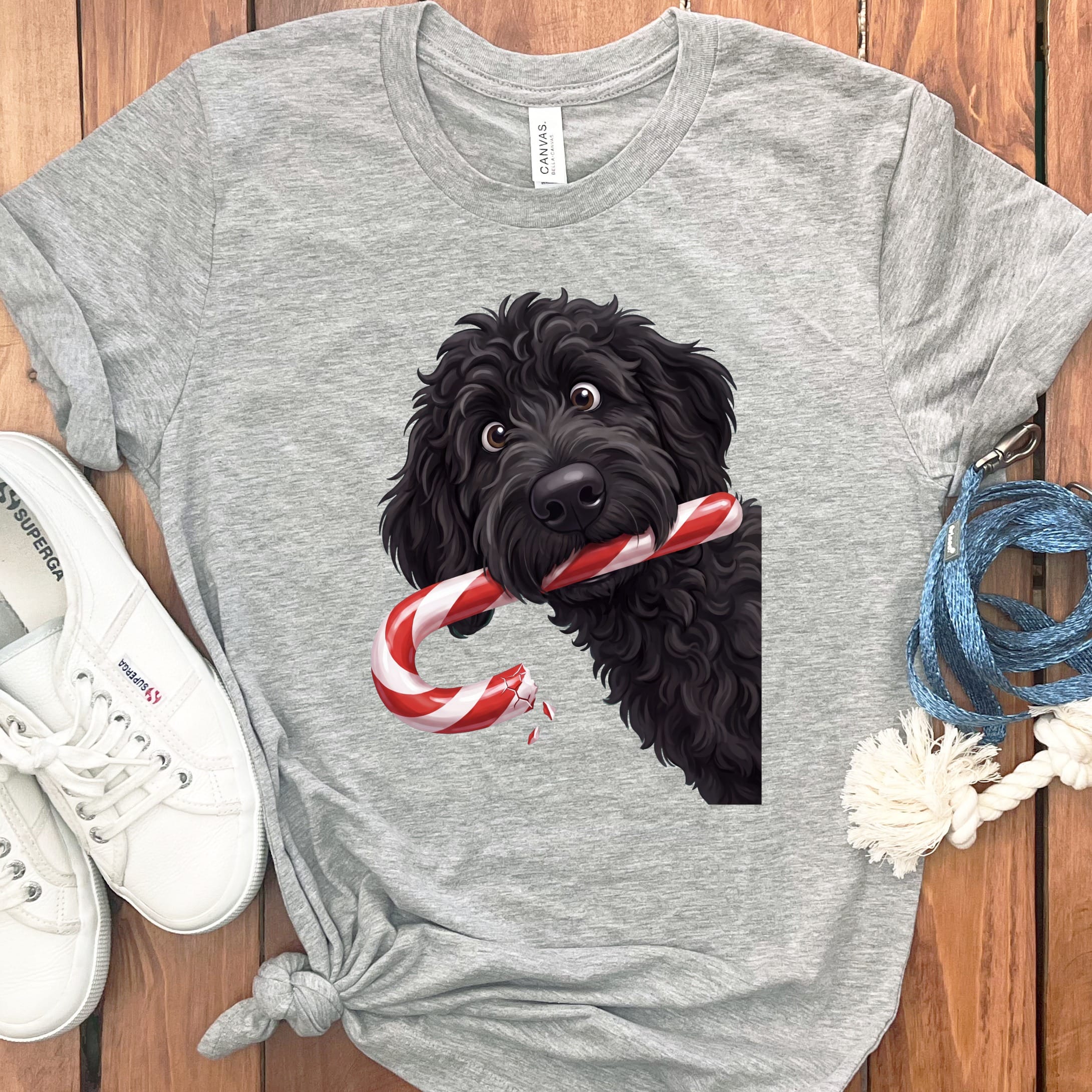 Black Goldendoodle Candy Cane Thief T-Shirt in Athletic Heather / S by Puppy Jo