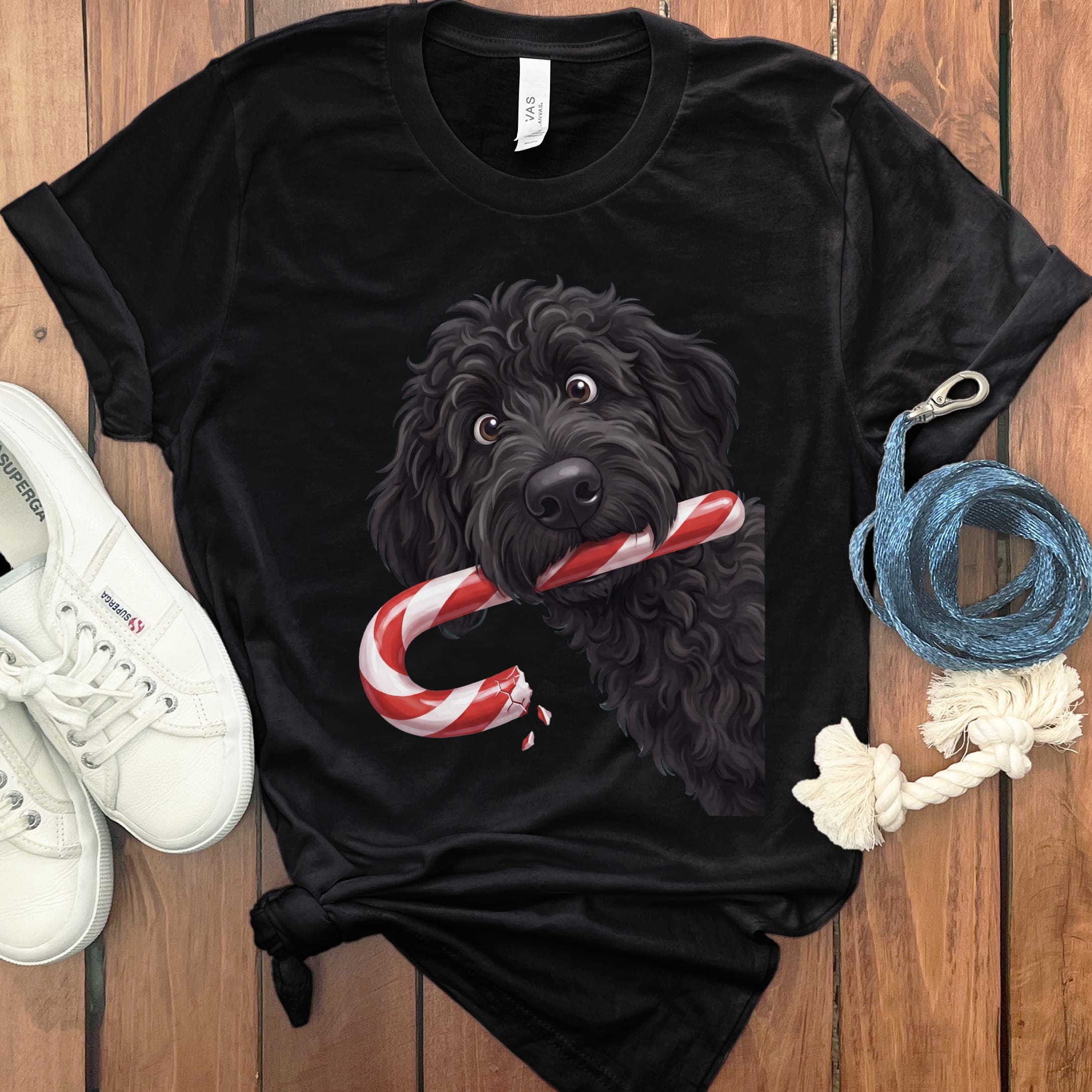 Black Goldendoodle Candy Cane Thief T-Shirt in Black / S by Puppy Jo