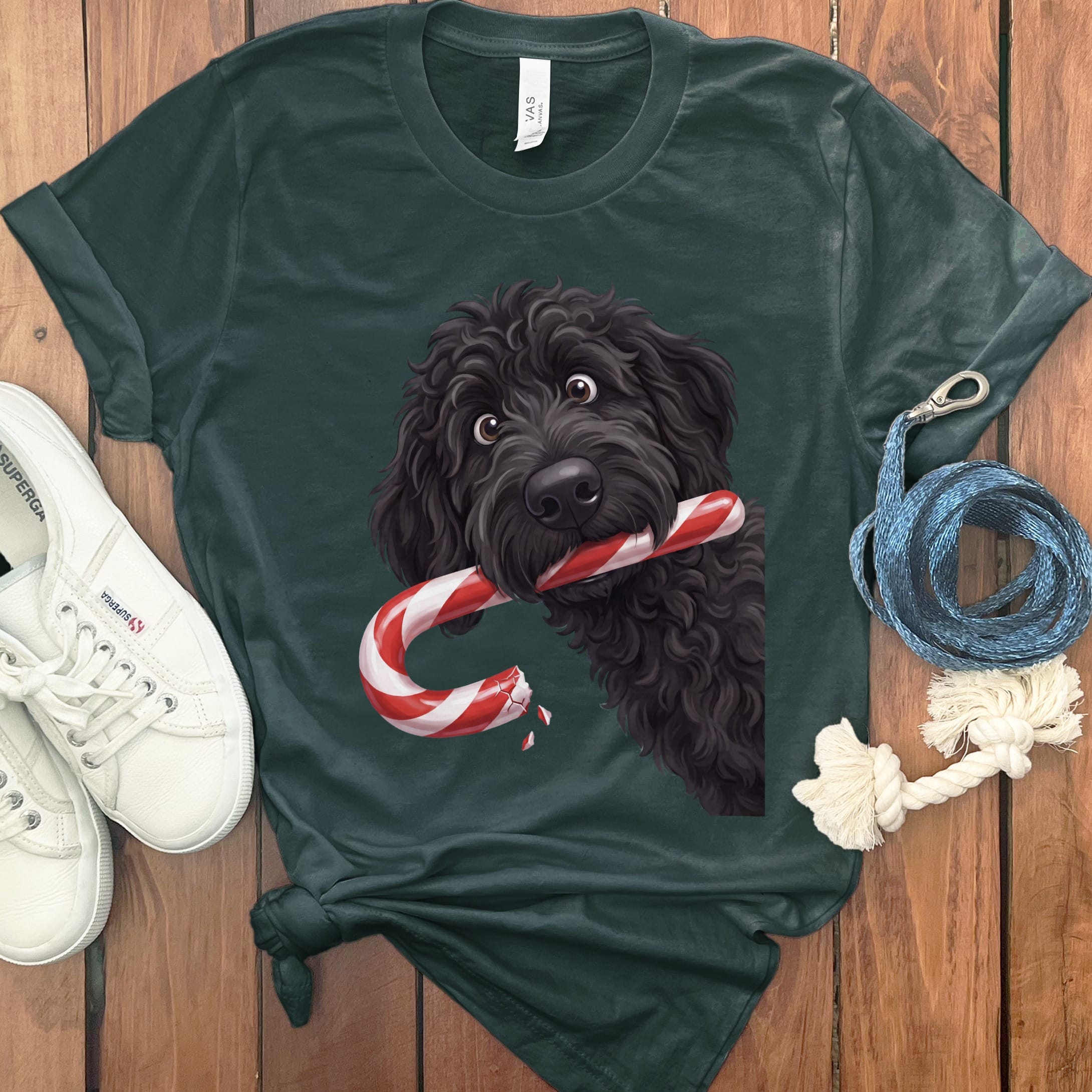 Black Goldendoodle Candy Cane Thief T-Shirt in Forest / S by Puppy Jo