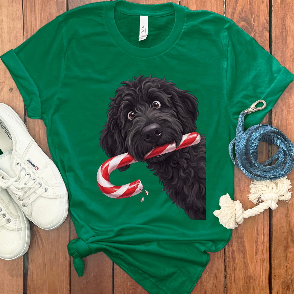 Black Goldendoodle Candy Cane Thief T-Shirt in Kelly / S by Puppy Jo