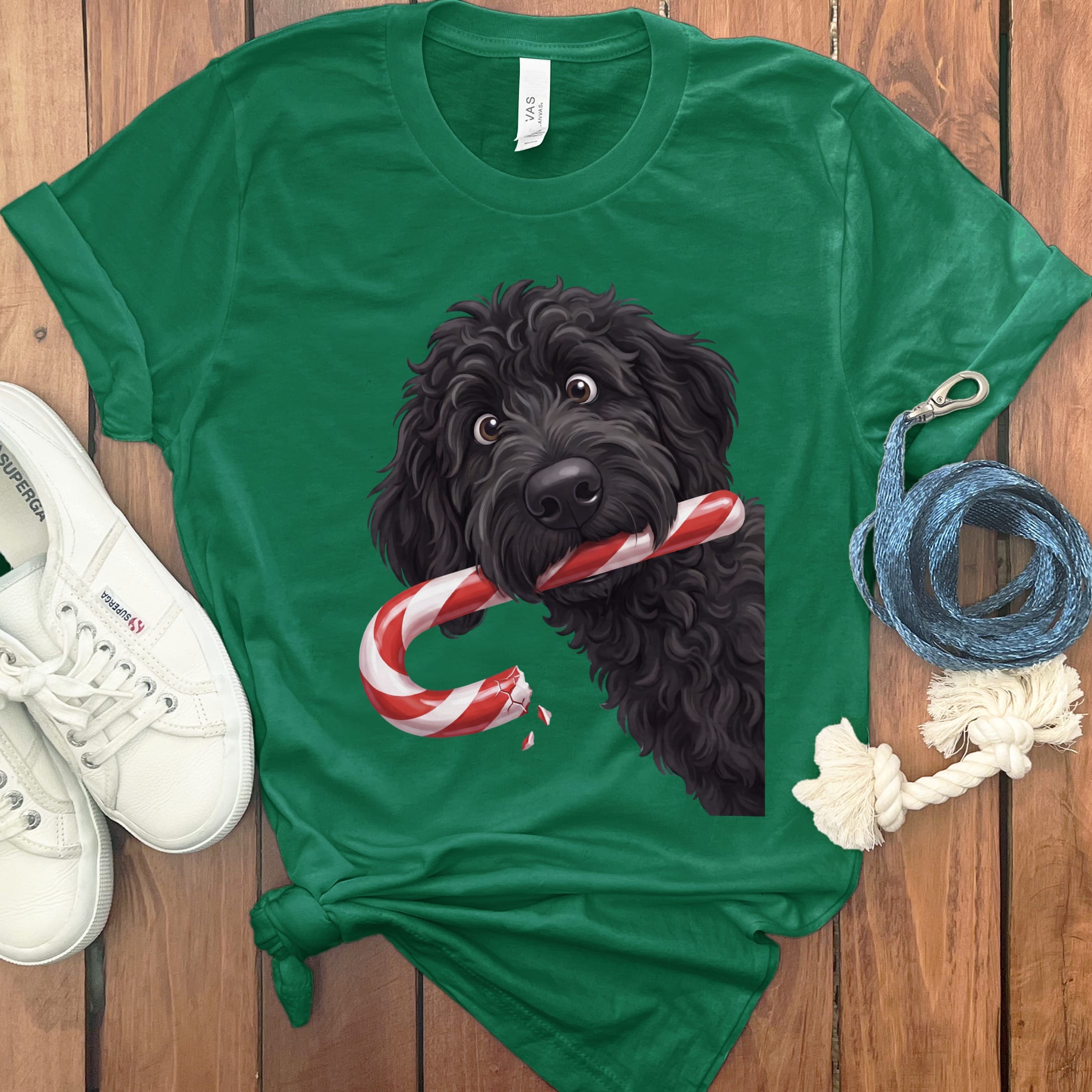 Black Goldendoodle Candy Cane Thief T-Shirt in Kelly / S by Puppy Jo
