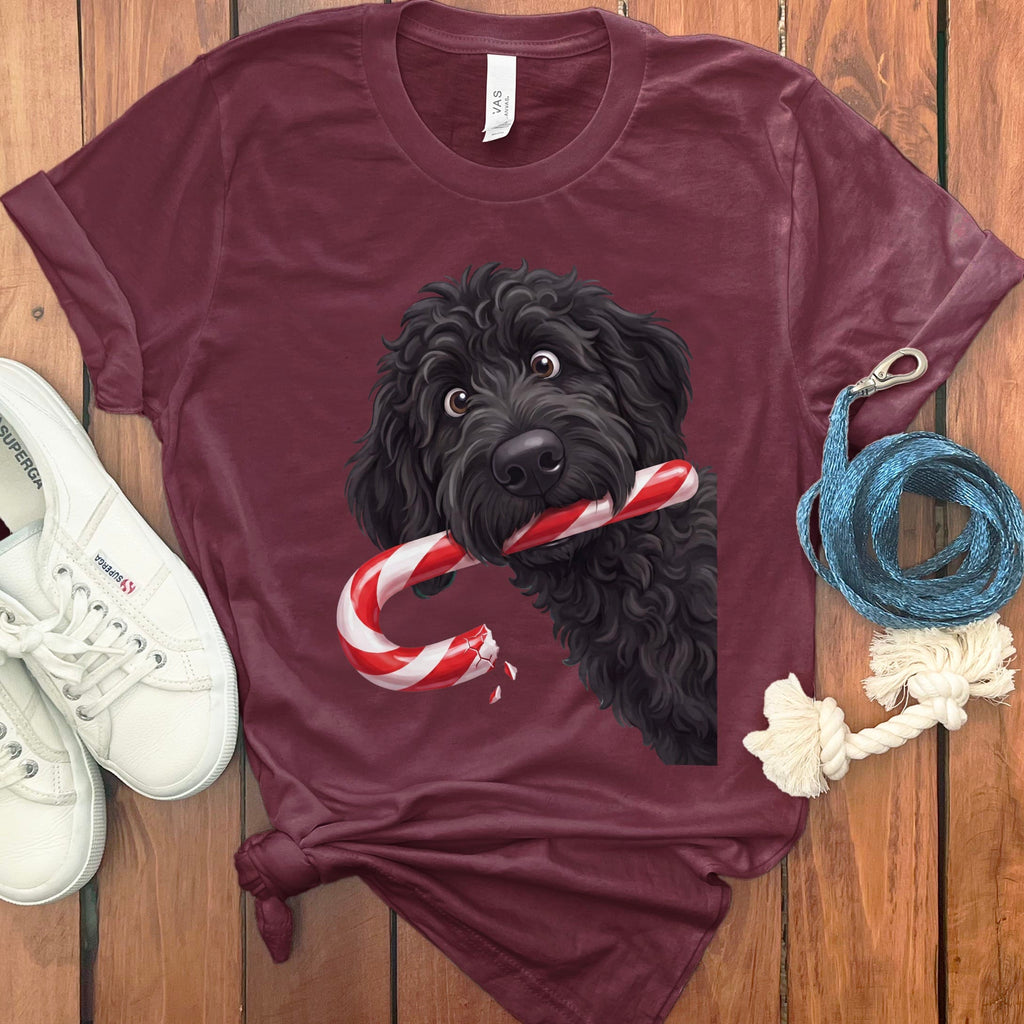 Black Goldendoodle Candy Cane Thief T-Shirt in Maroon / S by Puppy Jo
