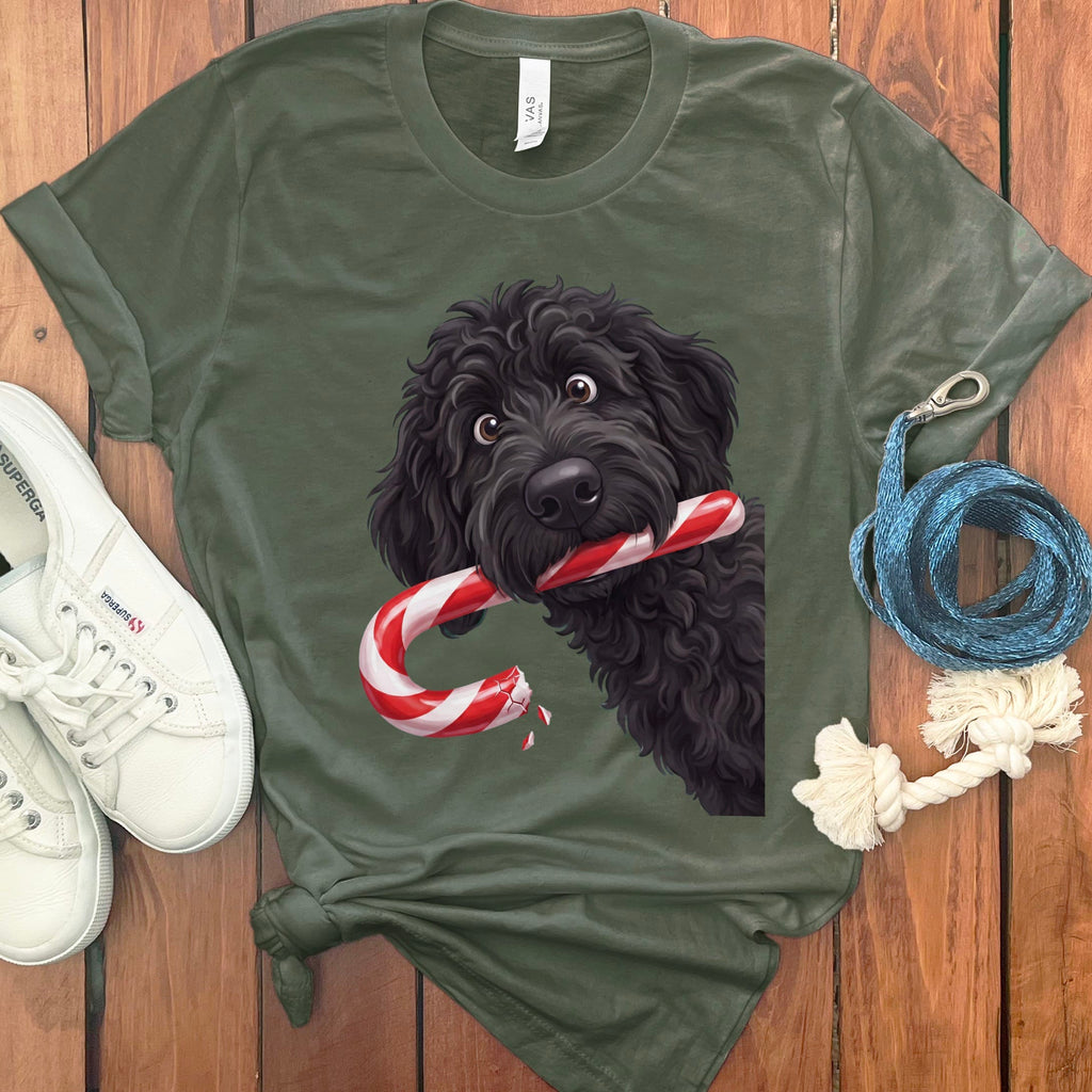 Black Goldendoodle Candy Cane Thief T-Shirt in Military Green / S by Puppy Jo