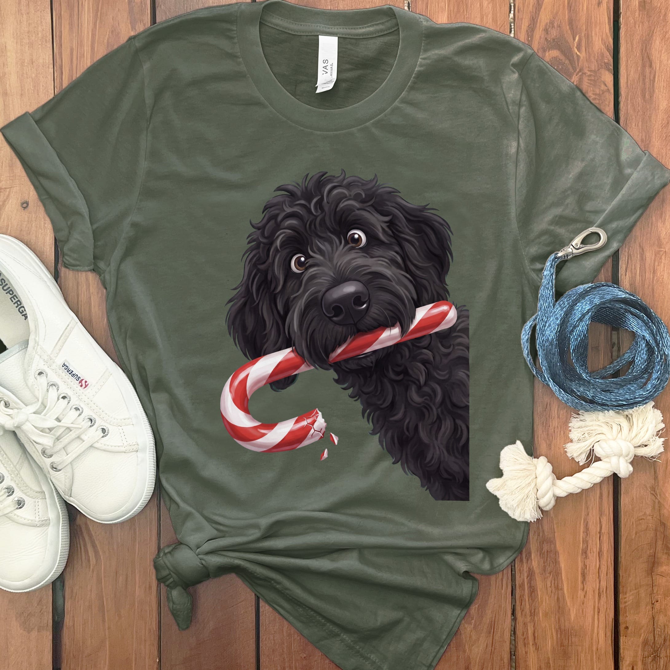 Black Goldendoodle Candy Cane Thief T-Shirt in Military Green / S by Puppy Jo