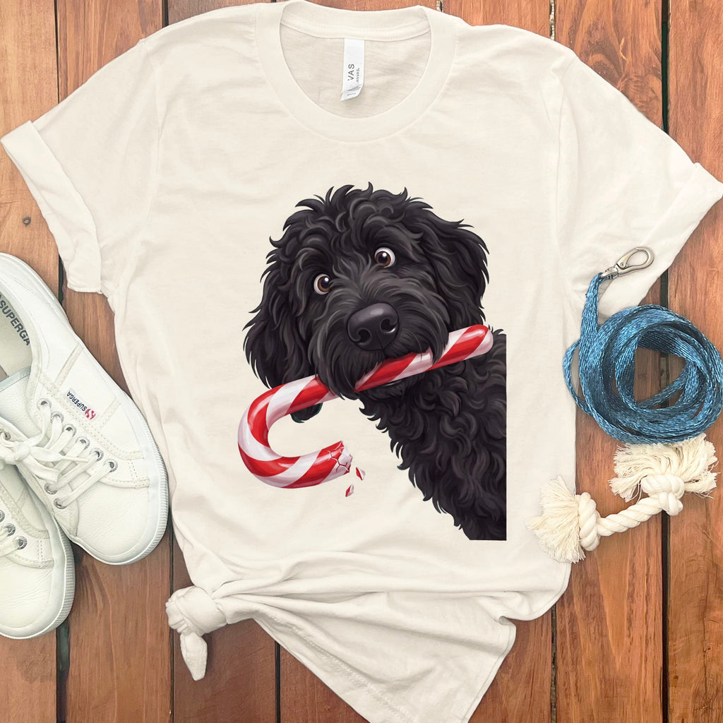 Black Goldendoodle Candy Cane Thief T-Shirt in Natural / S by Puppy Jo