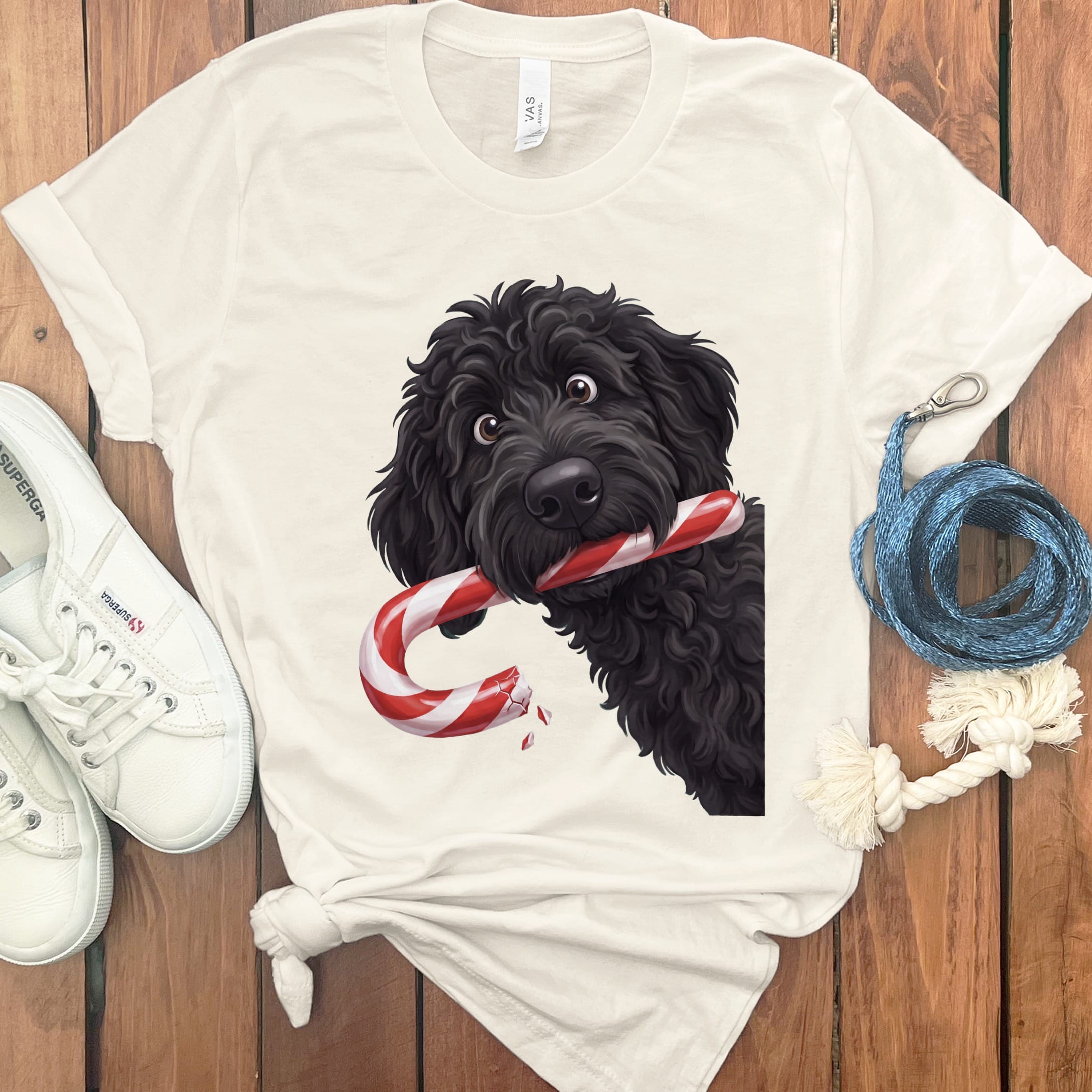 Black Goldendoodle Candy Cane Thief T-Shirt in Natural / S by Puppy Jo
