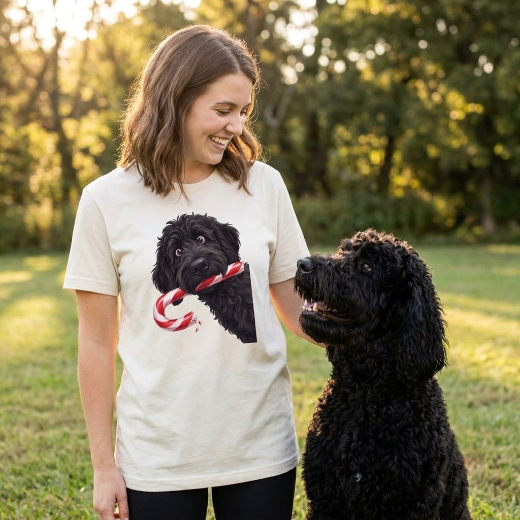 Black Goldendoodle Candy Cane Thief T-Shirt in by Puppy Jo