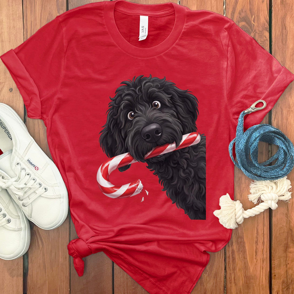 Black Goldendoodle Candy Cane Thief T-Shirt in Red / S by Puppy Jo