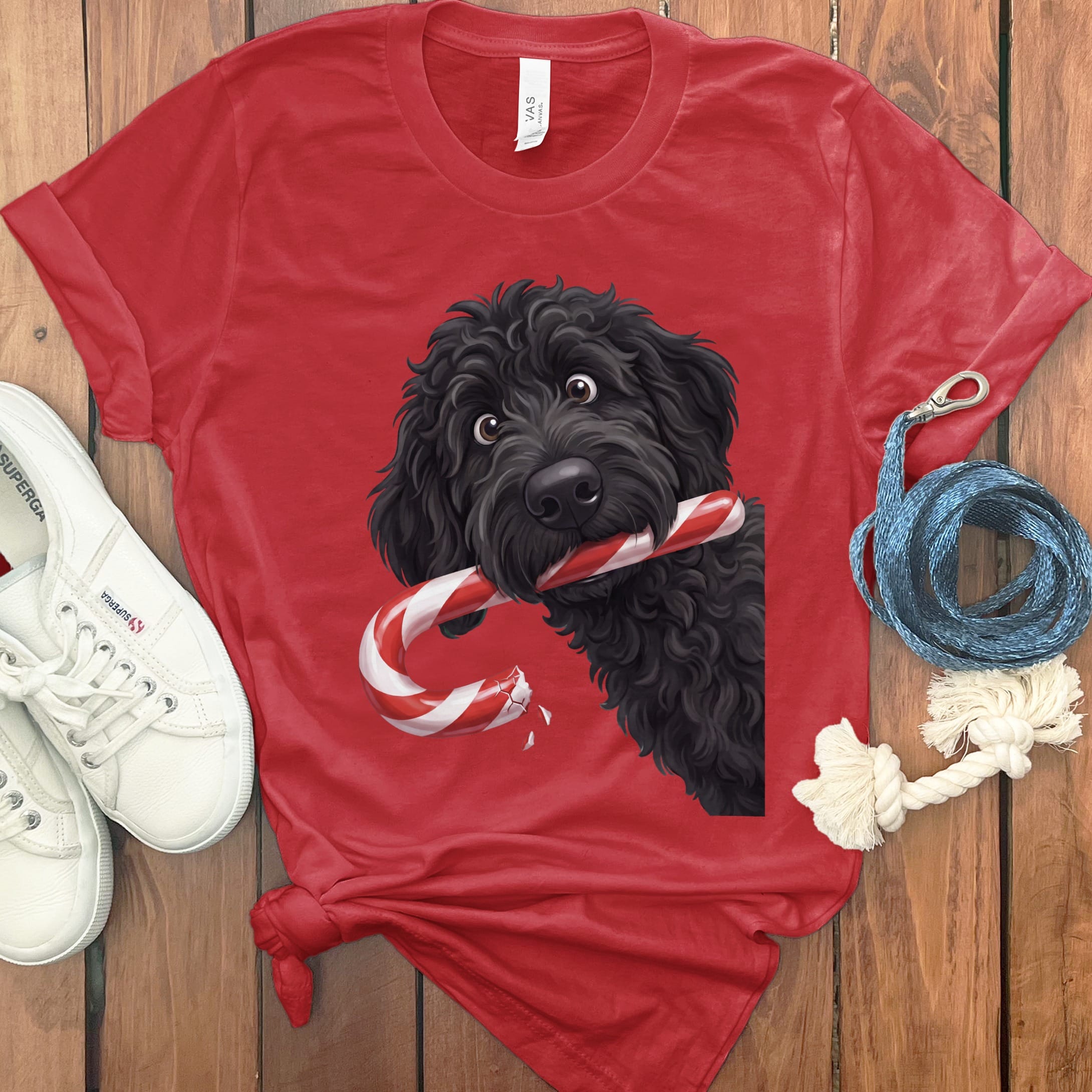 Black Goldendoodle Candy Cane Thief T-Shirt in Red / S by Puppy Jo