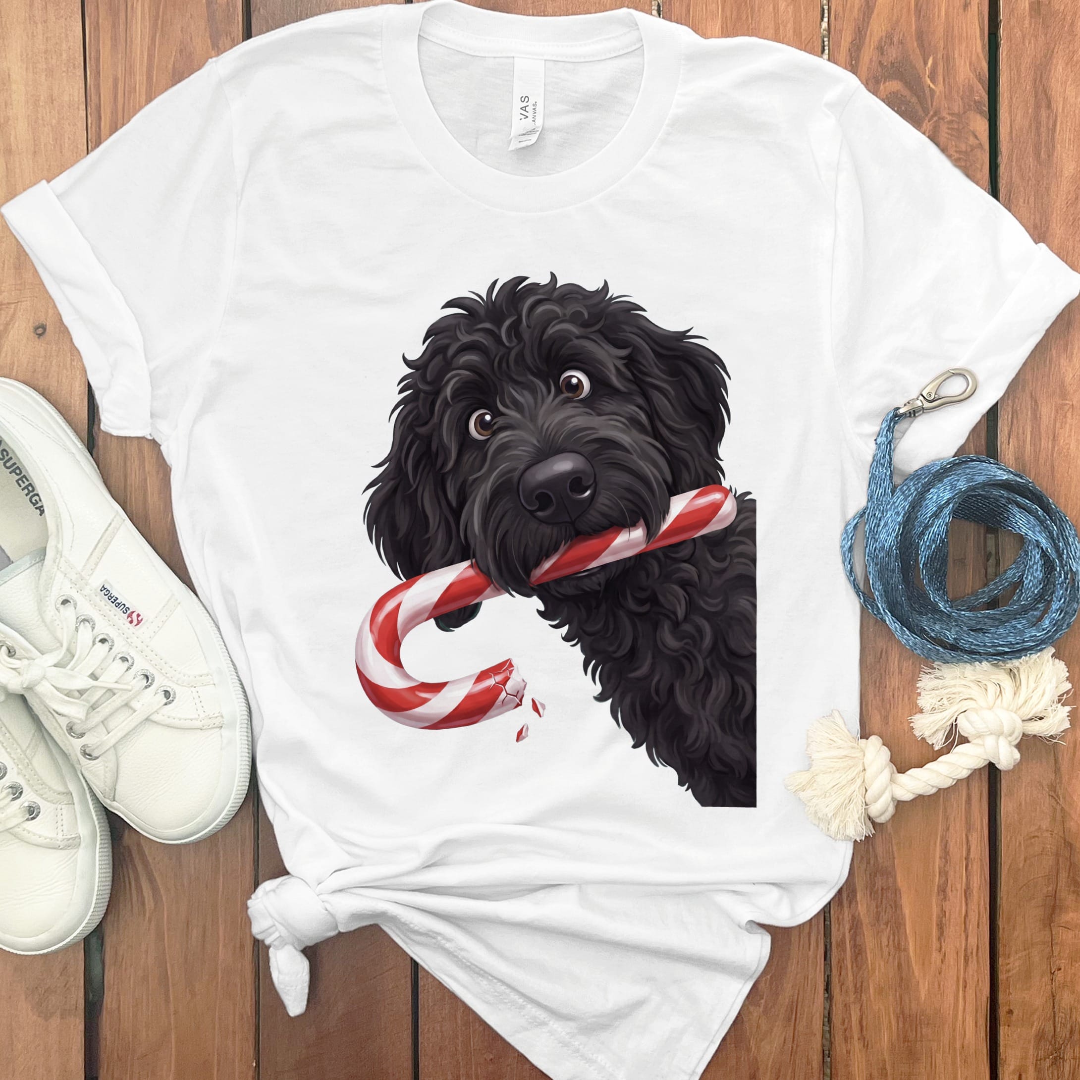 Black Goldendoodle Candy Cane Thief T-Shirt in White / S by Puppy Jo