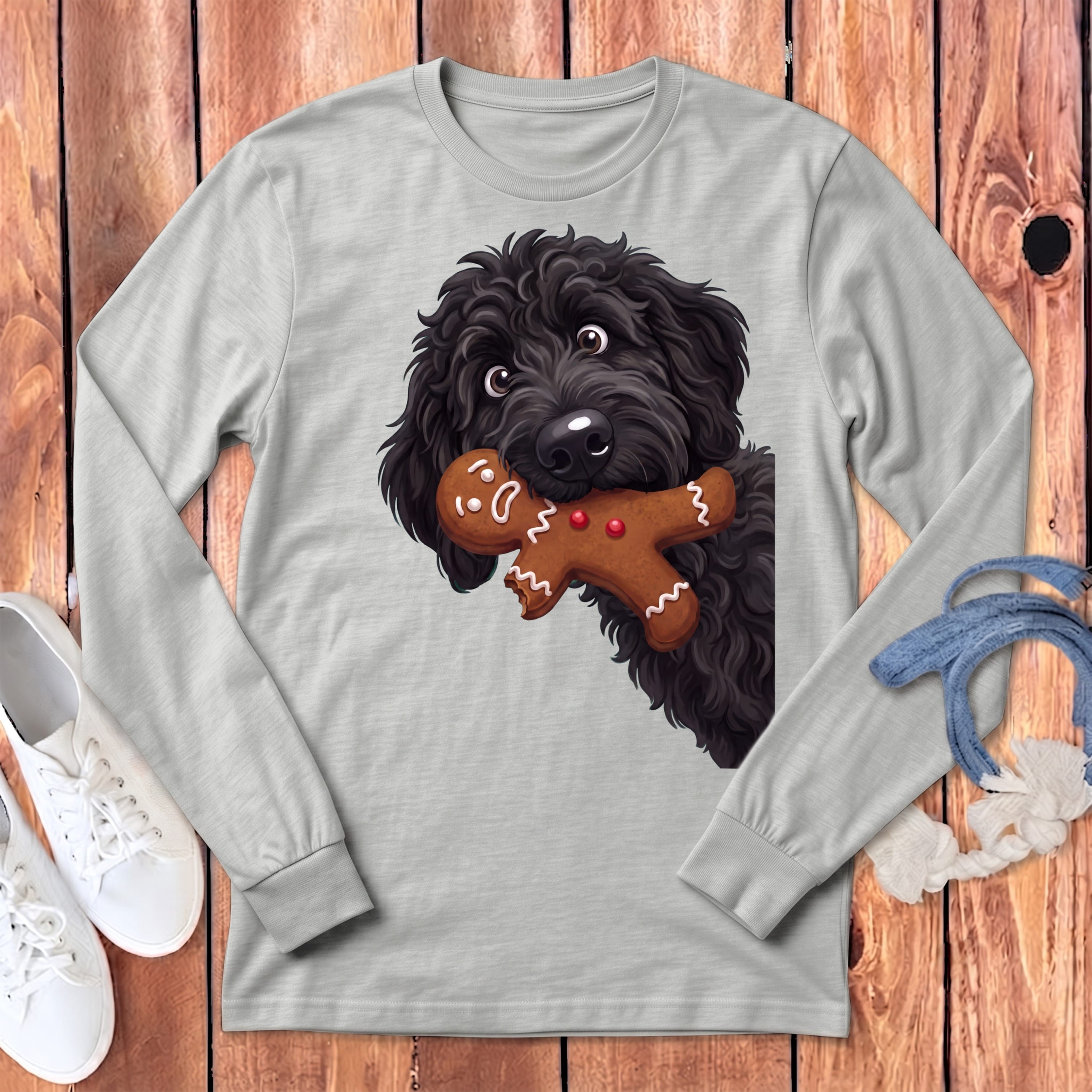 Black Goldendoodle Cookie Thief Long Sleeve T-Shirt in Athletic Heather / S by Puppy Jo