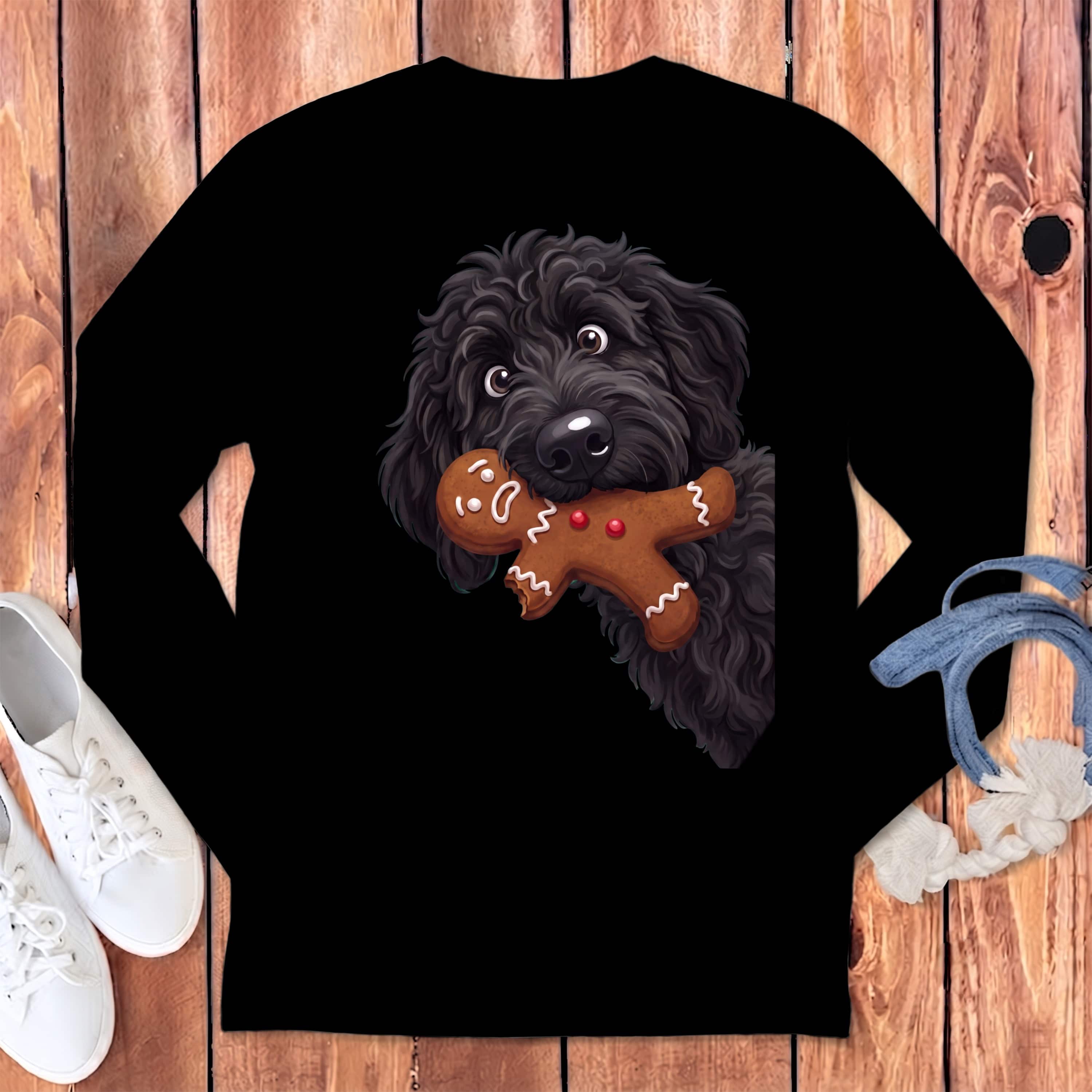 Black Goldendoodle Cookie Thief Long Sleeve T-Shirt in Black / S by Puppy Jo