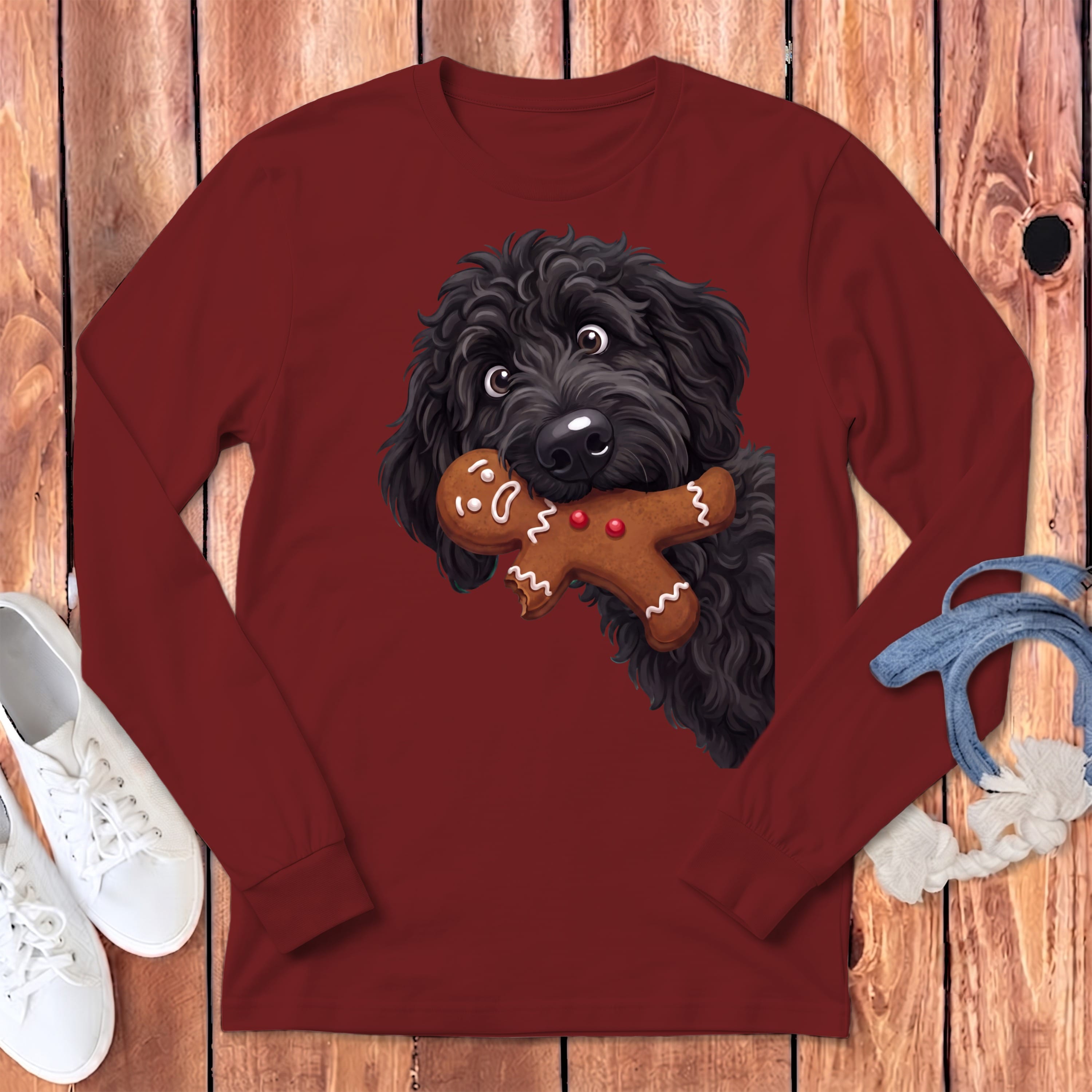 Black Goldendoodle Cookie Thief Long Sleeve T-Shirt in Cardinal / S by Puppy Jo