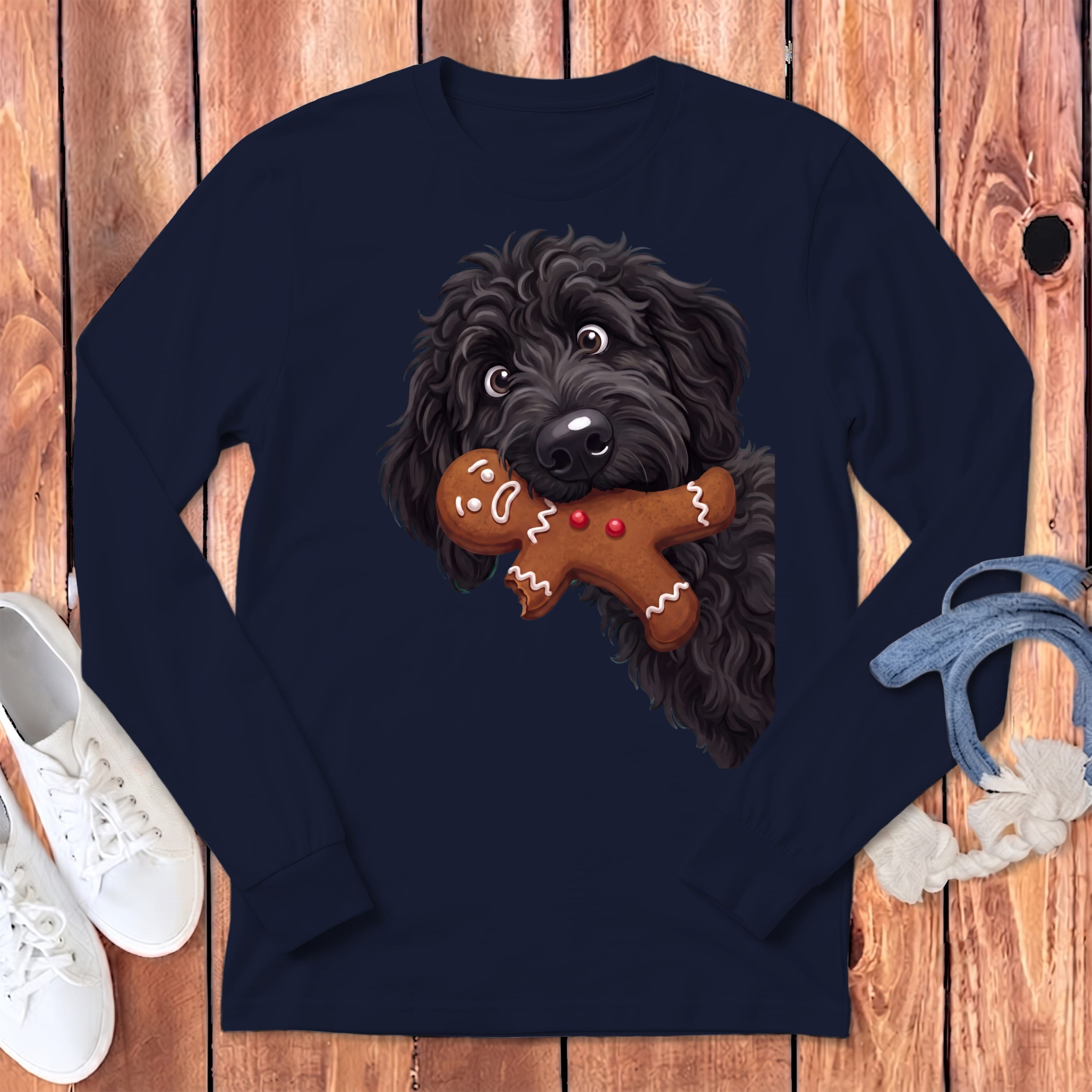 Black Goldendoodle Cookie Thief Long Sleeve T-Shirt in Navy / S by Puppy Jo