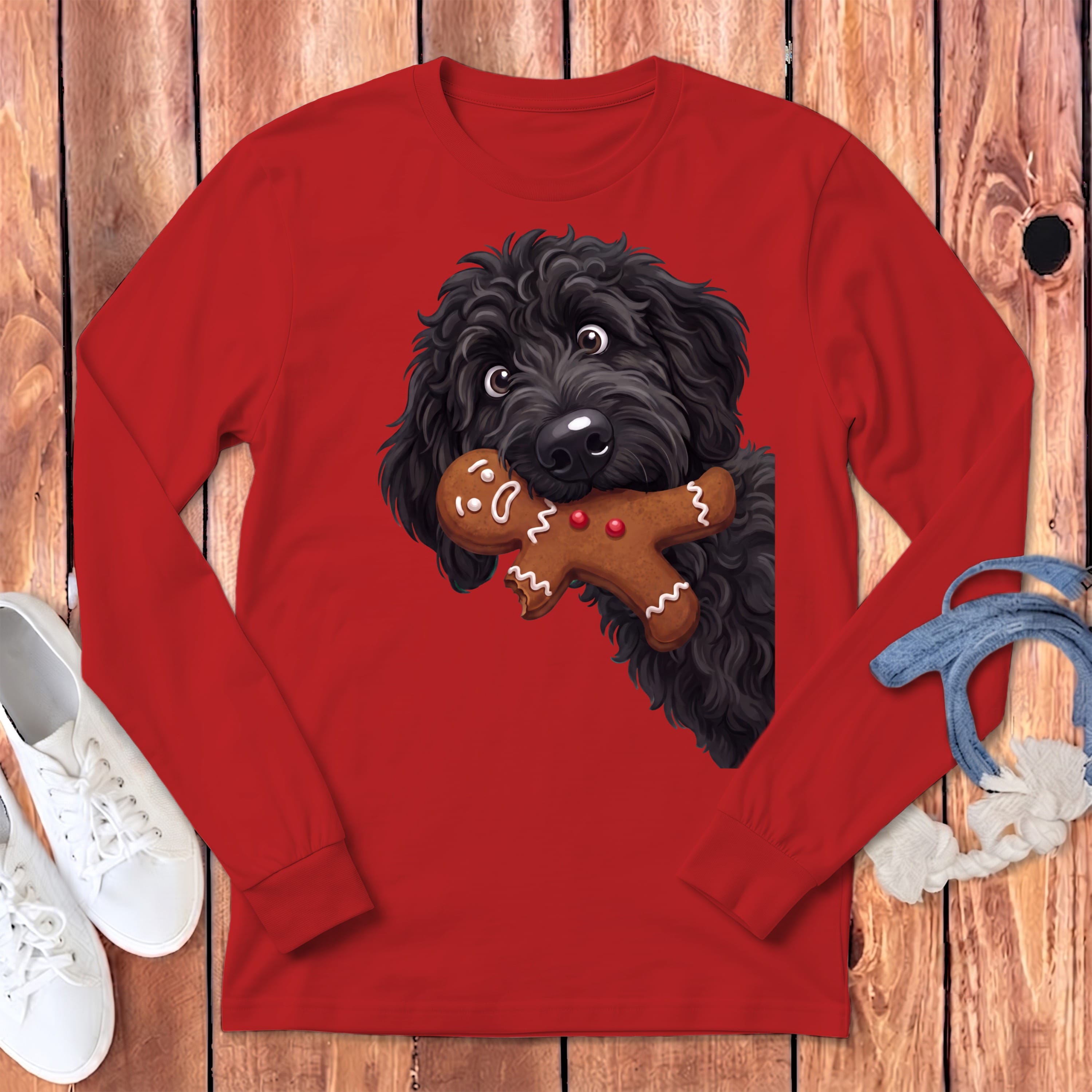 Black Goldendoodle Cookie Thief Long Sleeve T-Shirt in Red / S by Puppy Jo