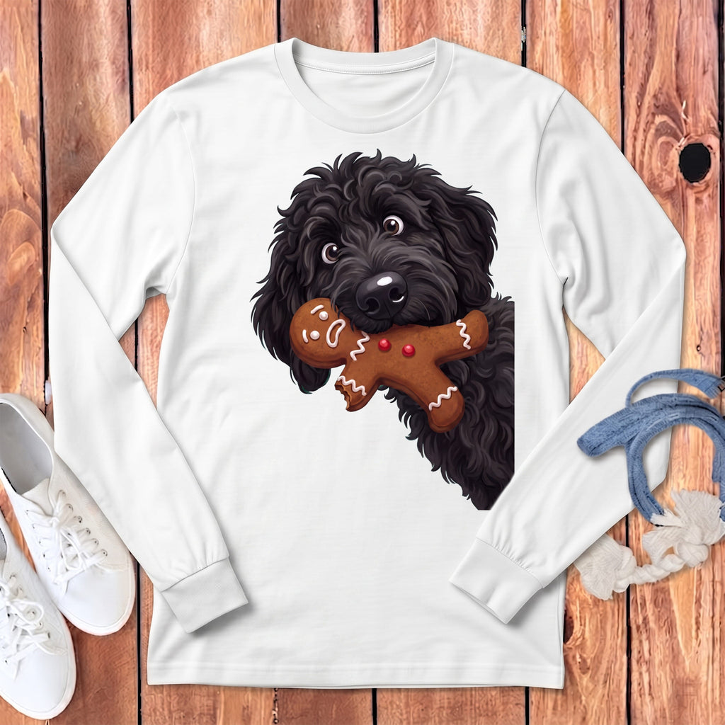 Black Goldendoodle Cookie Thief Long Sleeve T-Shirt in White / S by Puppy Jo