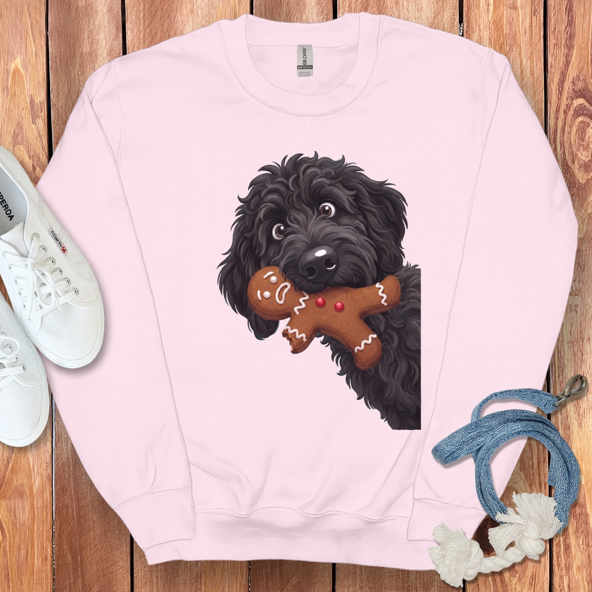 Black Goldendoodle Cookie Thief Sweatshirt in Light Pink / S by Puppy Jo