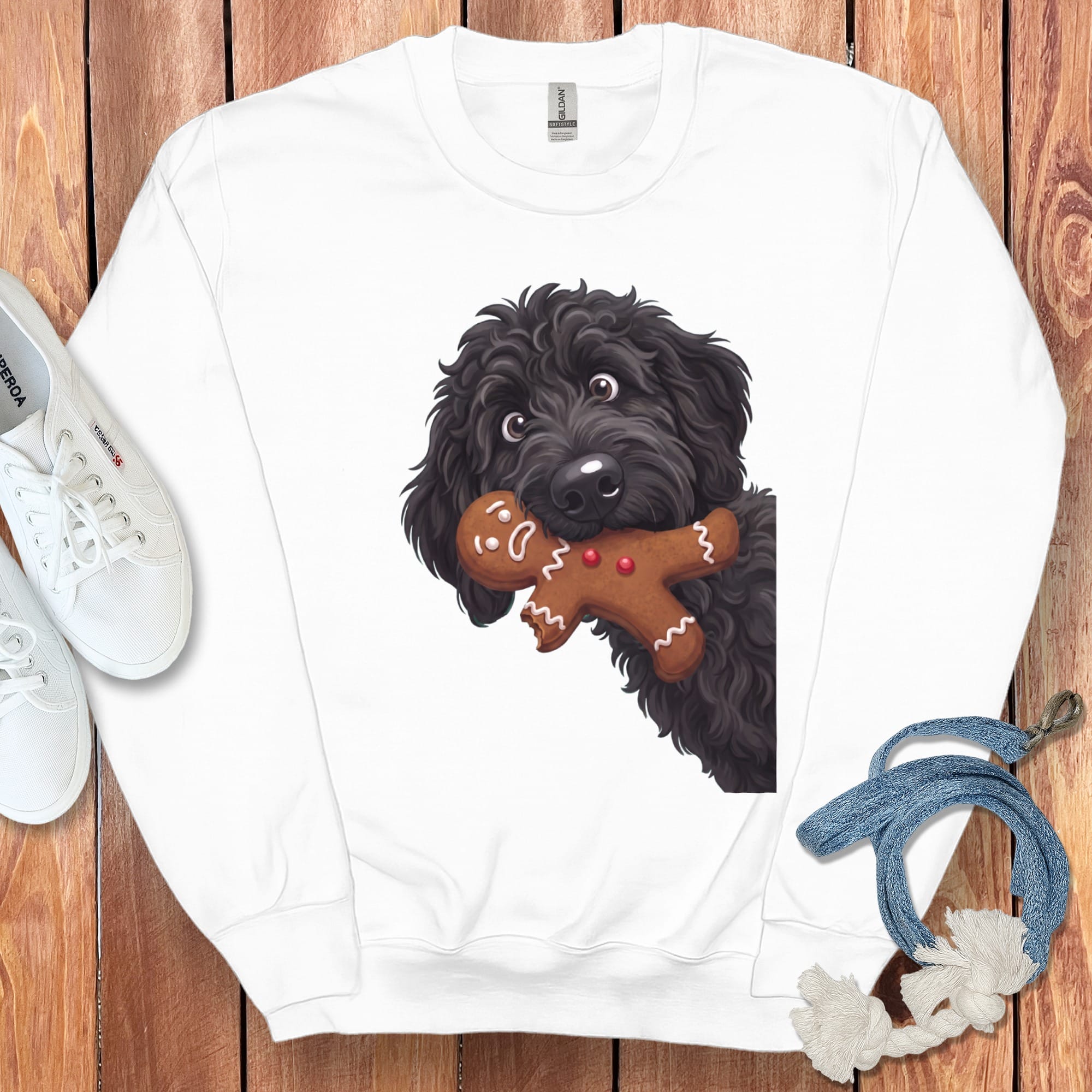 Black Goldendoodle Cookie Thief Sweatshirt in White / S by Puppy Jo