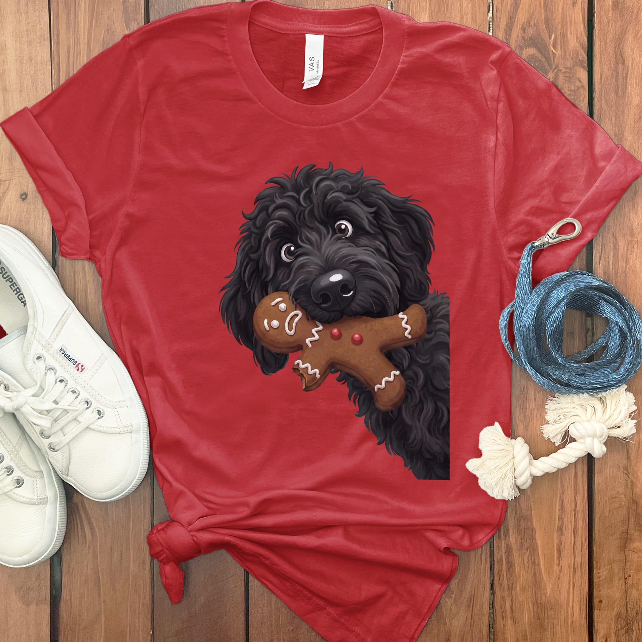 Black Goldendoodle Cookie Thief T-Shirt in Red / S by Puppy Jo