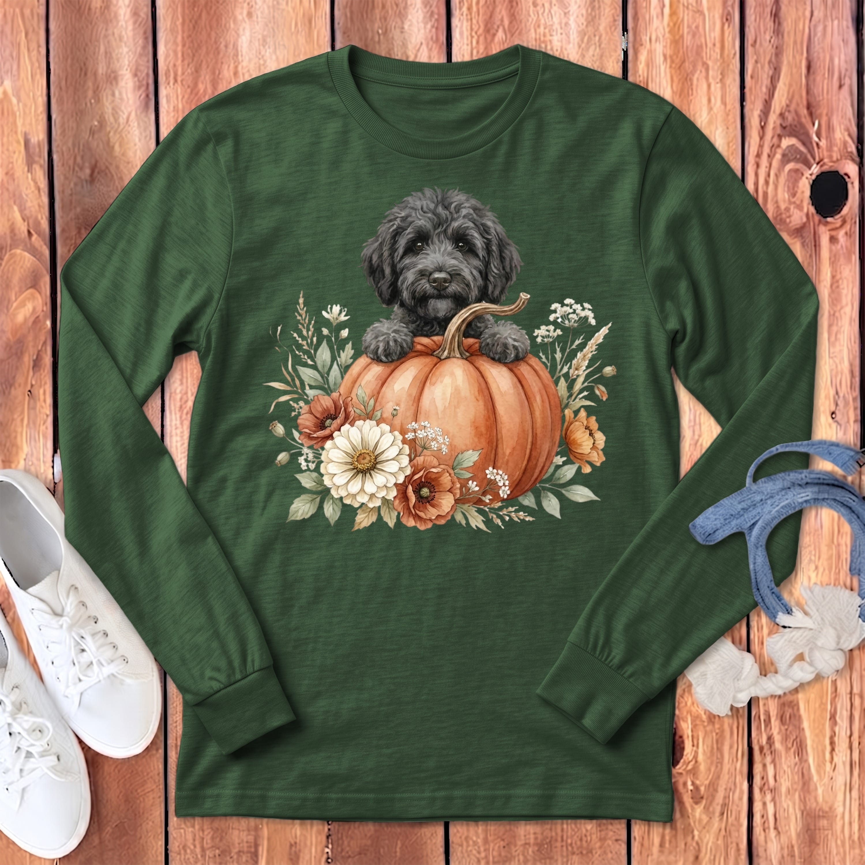 Black Goldendoodle Fall Long Sleeve T-Shirt in Heather Forest / S by Puppy Jo