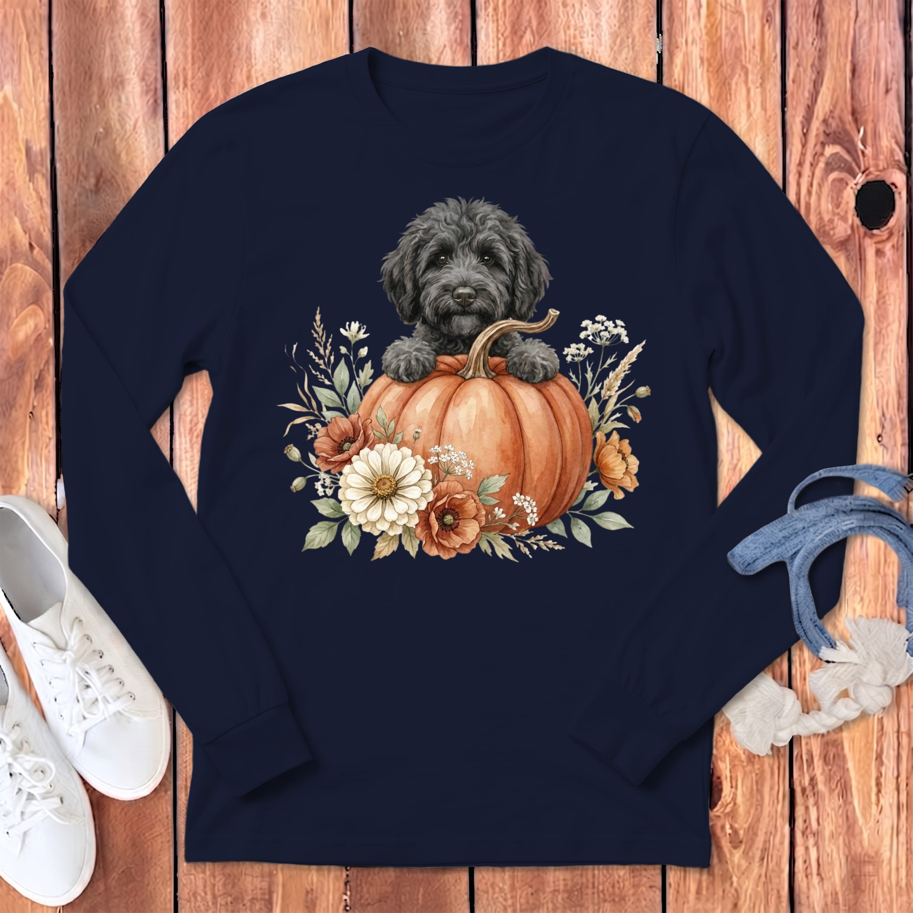 Black Goldendoodle Fall Long Sleeve T-Shirt in Navy / S by Puppy Jo