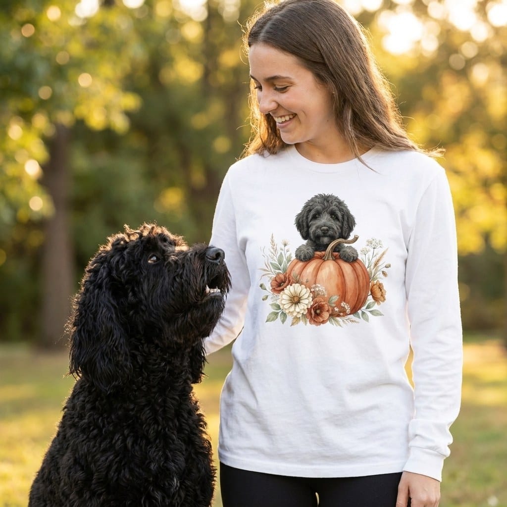 Black Goldendoodle Fall Long Sleeve T-Shirt in by Puppy Jo