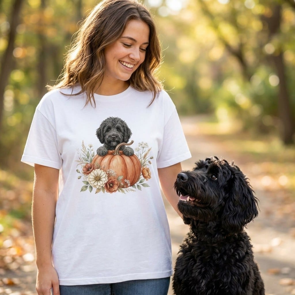 Black Goldendoodle Fall T-Shirt in by Puppy Jo