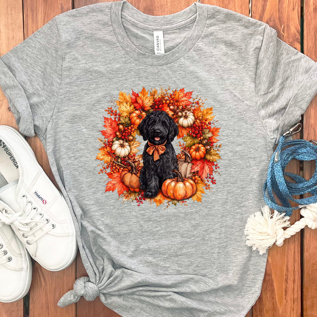 Black Goldendoodle Fall Wreath T-Shirt in Athletic Heather / S by Puppy Jo
