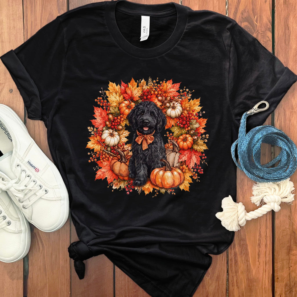 Black Goldendoodle Fall Wreath T-Shirt in Black / S by Puppy Jo