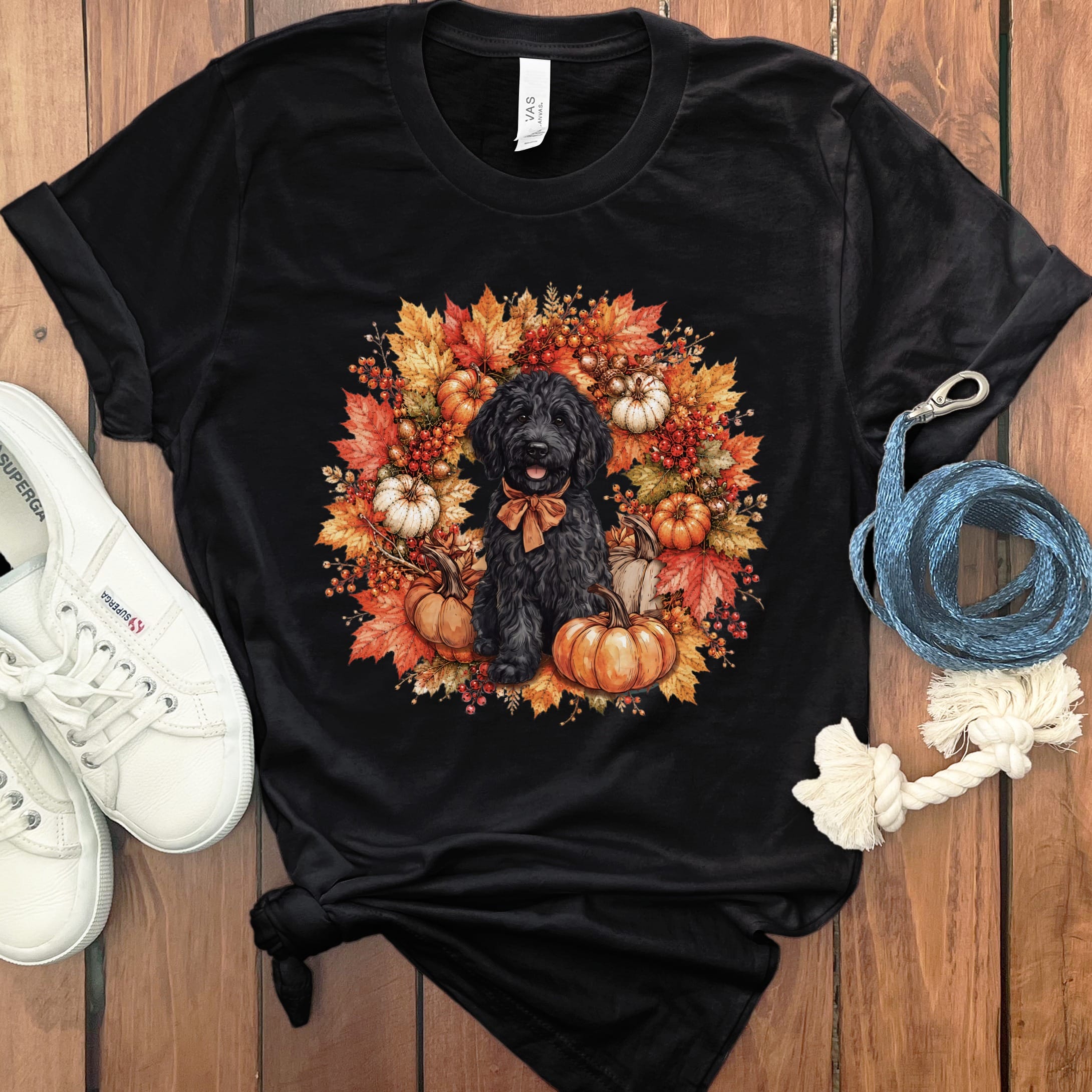 Black Goldendoodle Fall Wreath T-Shirt in Black / S by Puppy Jo