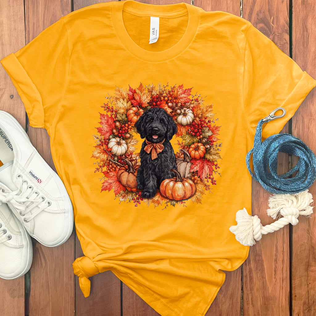 Black Goldendoodle Fall Wreath T-Shirt in Gold / S by Puppy Jo