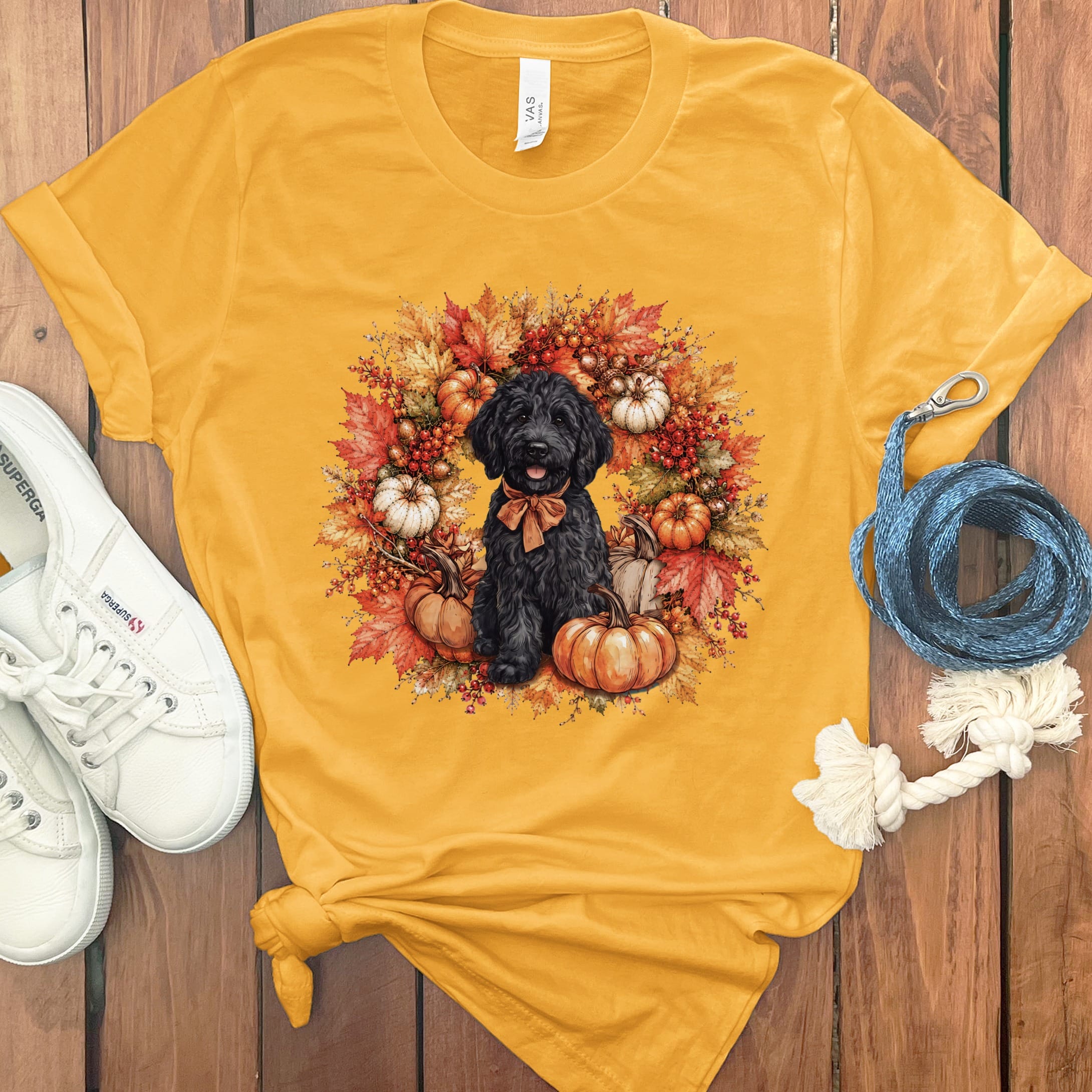 Black Goldendoodle Fall Wreath T-Shirt in Gold / S by Puppy Jo