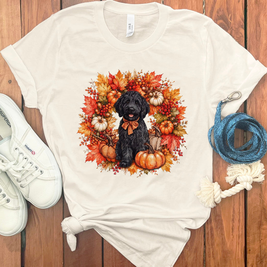 Black Goldendoodle Fall Wreath T-Shirt in Natural / S by Puppy Jo