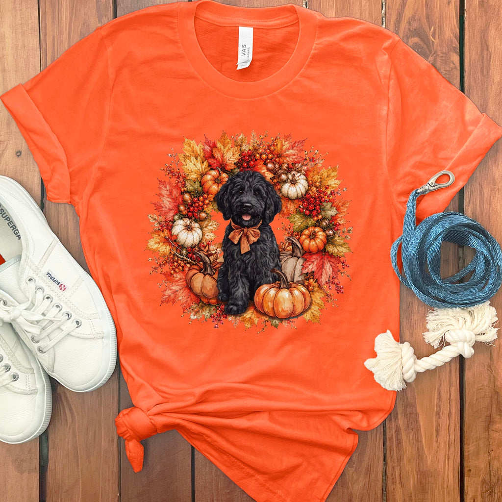 Black Goldendoodle Fall Wreath T-Shirt in Orange / S by Puppy Jo