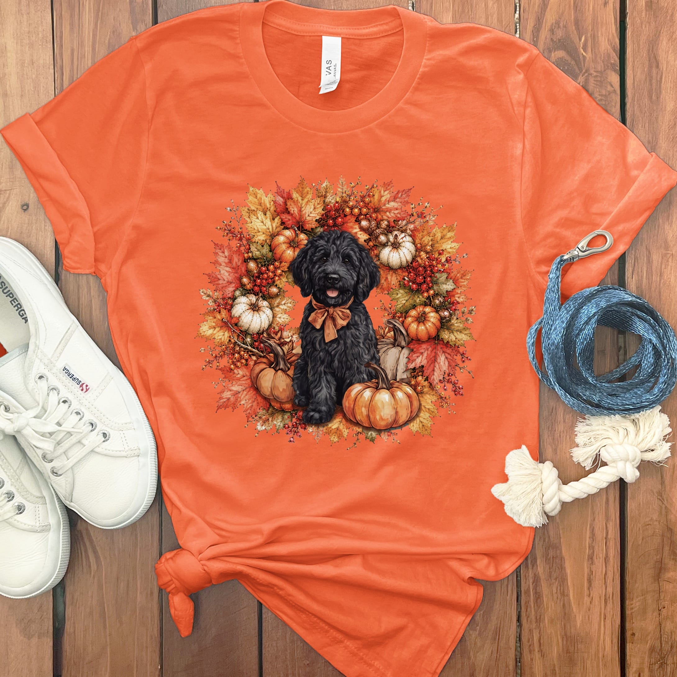 Black Goldendoodle Fall Wreath T-Shirt in Orange / S by Puppy Jo