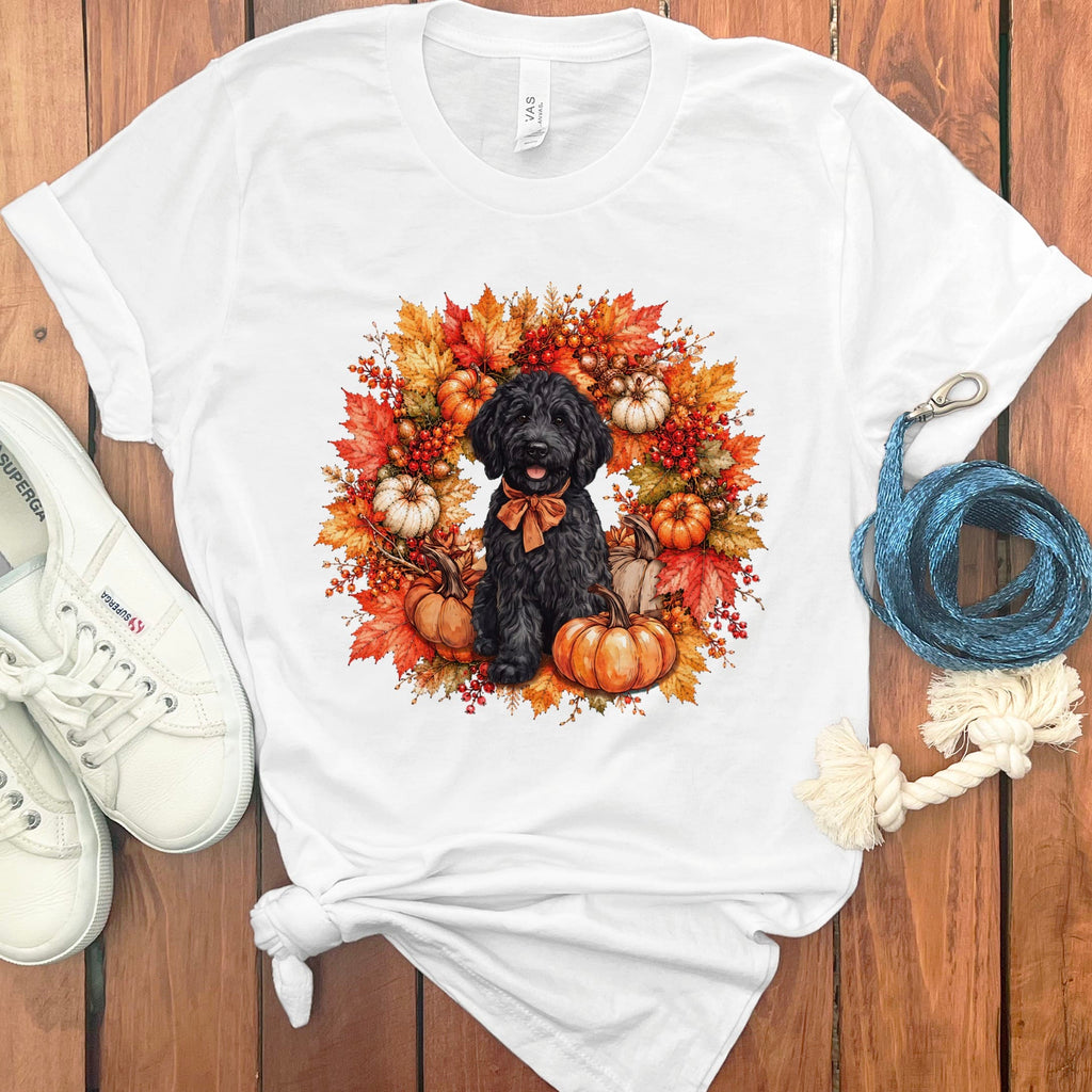 Black Goldendoodle Fall Wreath T-Shirt in White / S by Puppy Jo
