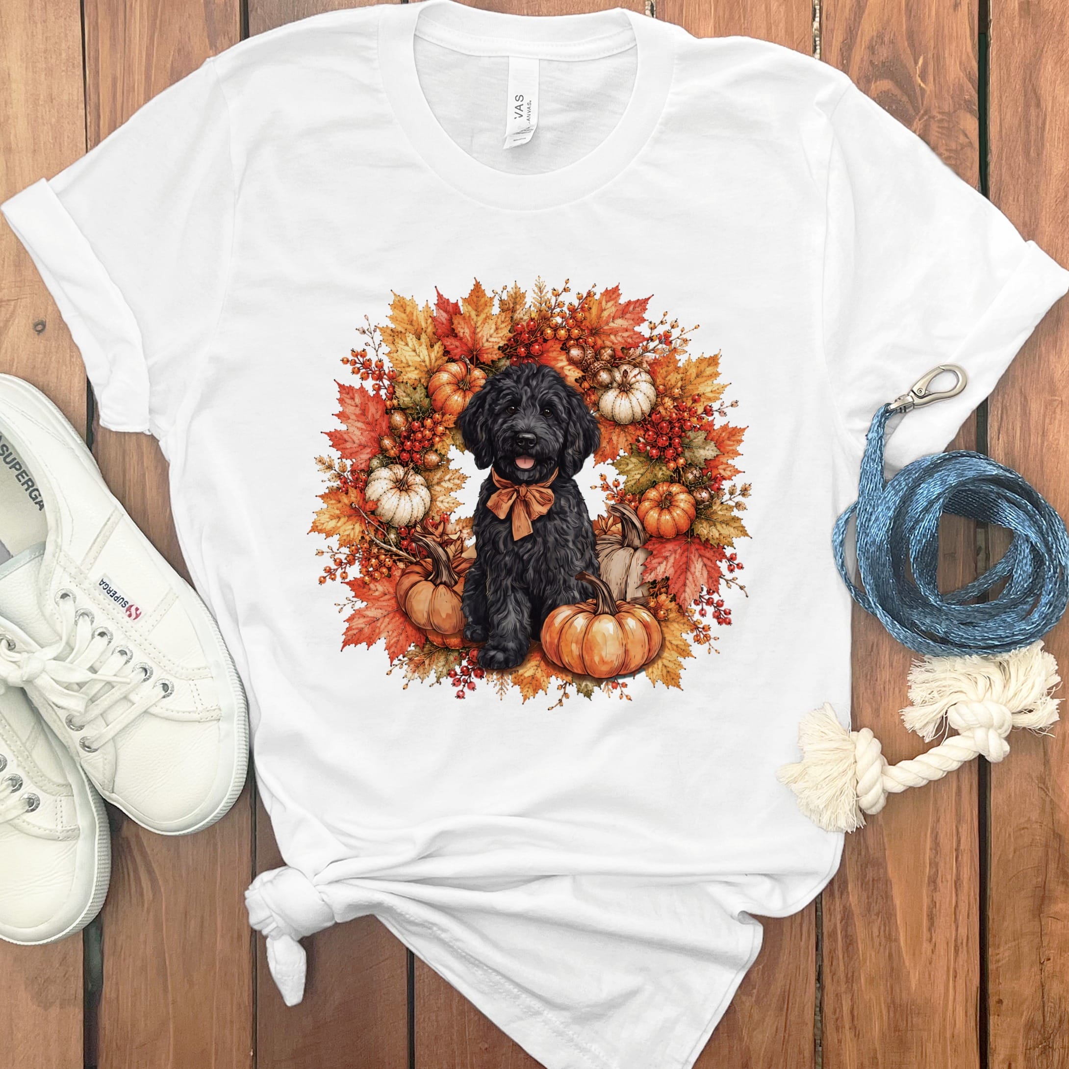 Black Goldendoodle Fall Wreath T-Shirt in White / S by Puppy Jo