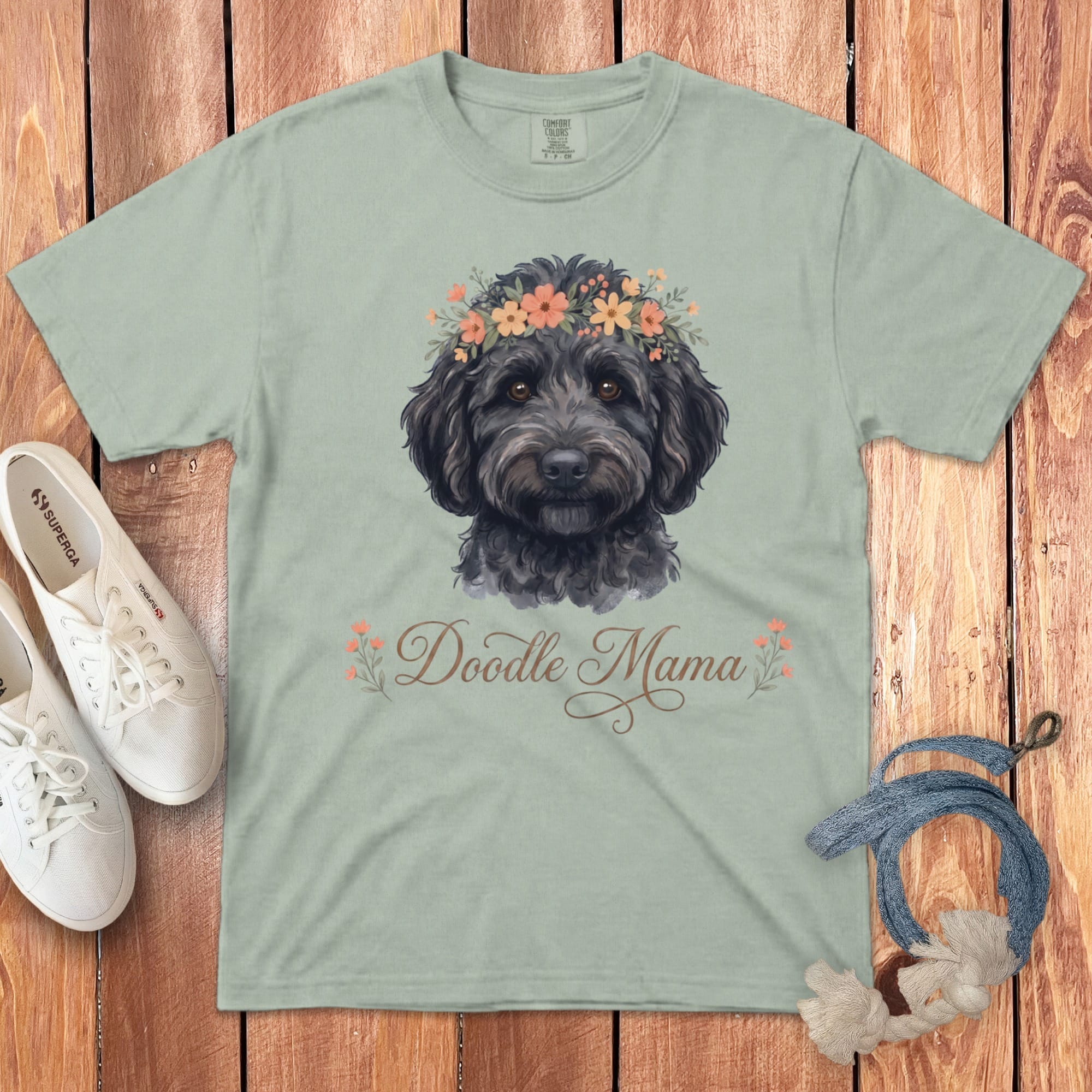 Black Goldendoodle Floral Crown Signature T-Shirt in Bay / S by Puppy Jo