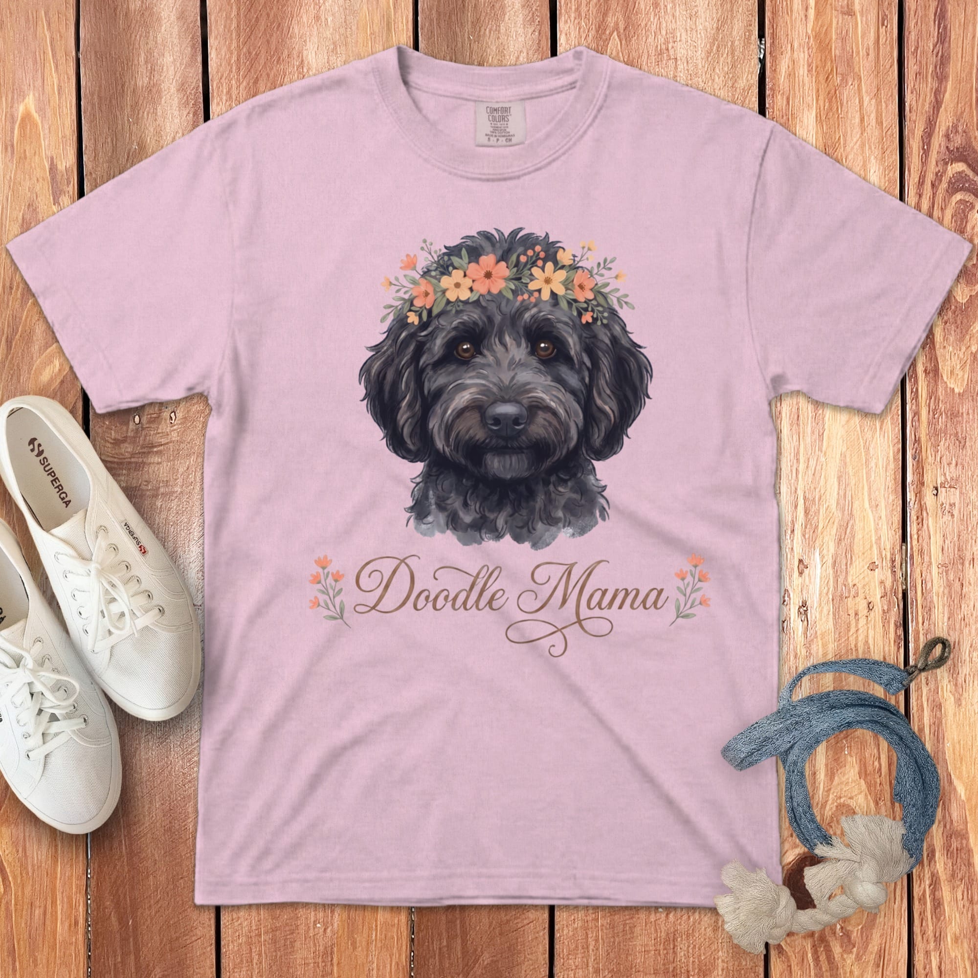 Black Goldendoodle Floral Crown Signature T-Shirt in Blossom / S by Puppy Jo