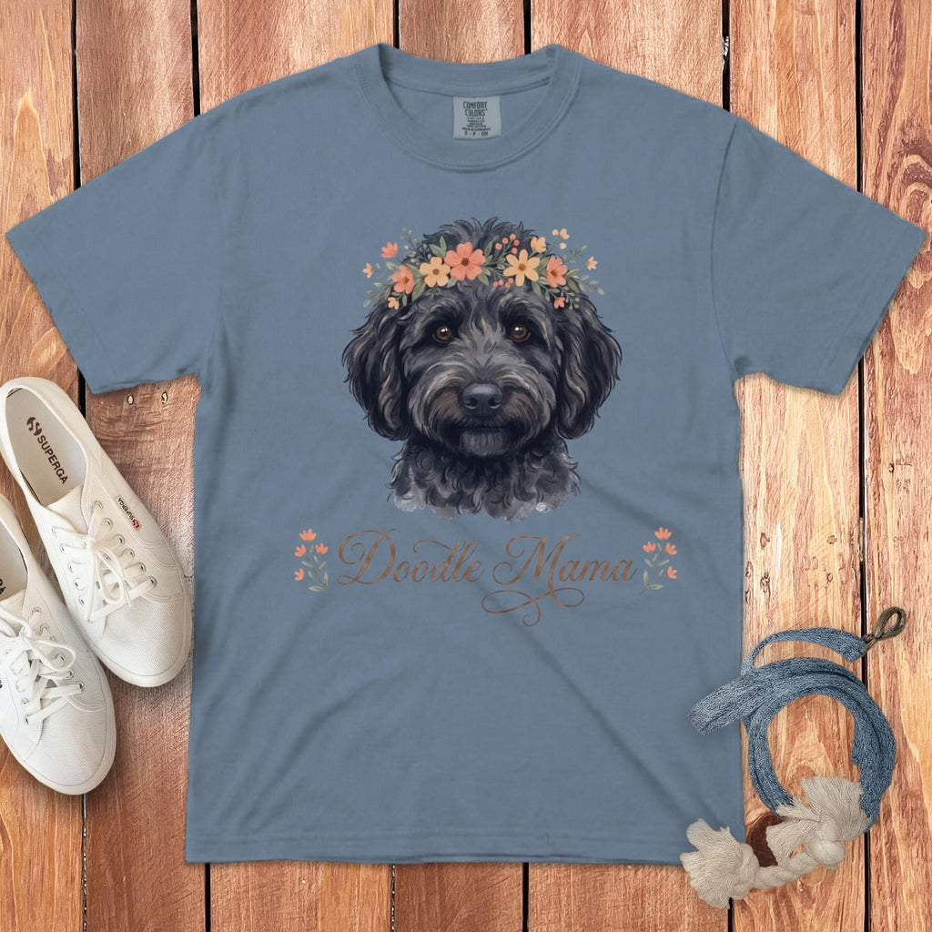 Black Goldendoodle Floral Crown Signature T-Shirt in Blue Jean / S by Puppy Jo